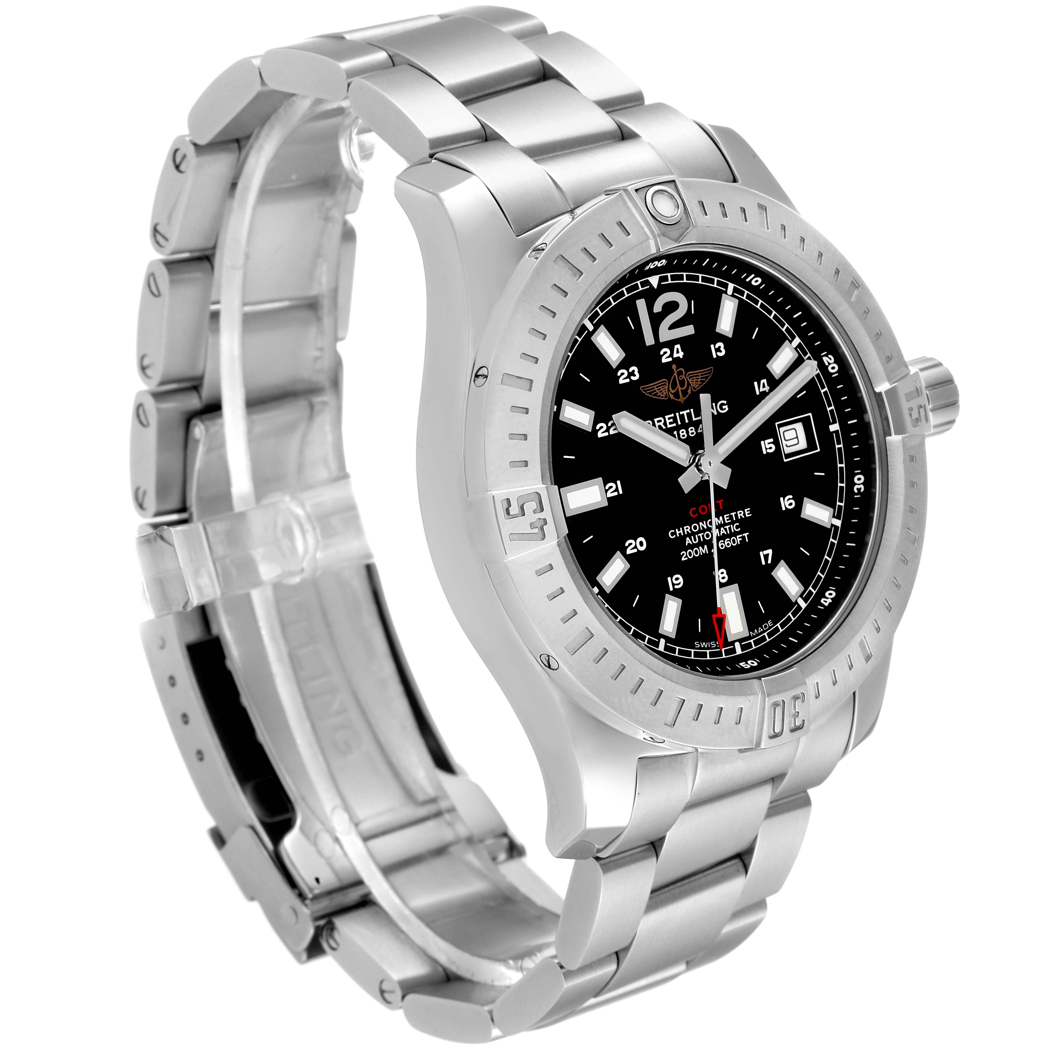 The image shows a side view of the Breitling Colt A17388 Men's Stainless Steel Black Dial A17388 Men's Stainless Steel Black Dial watch, highlighting the stainless steel band, bezel, and dial.