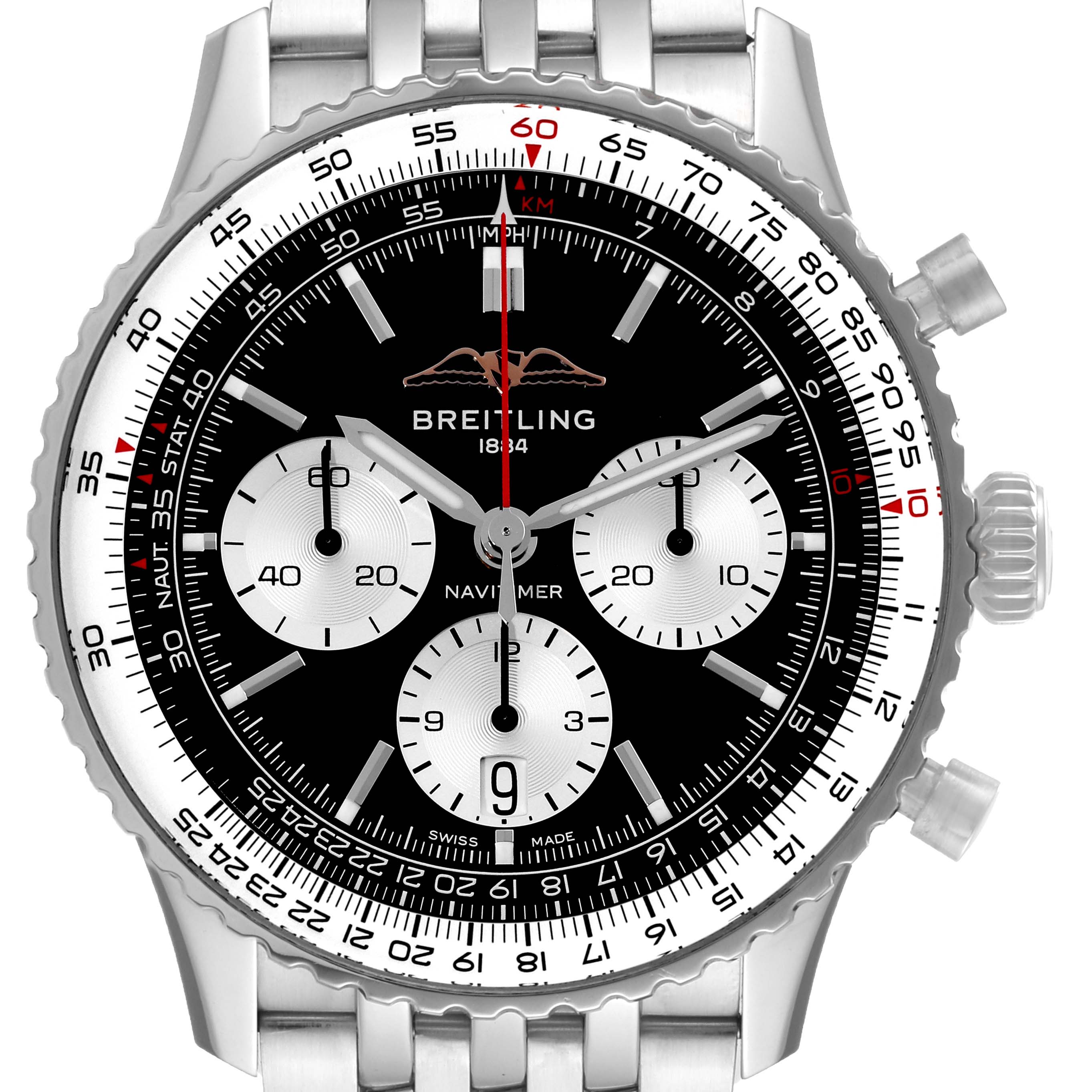 The image shows a frontal view of a Breitling Navitimer AB0138 Men's Stainless Steel Black Dial AB0138 Men's Stainless Steel Black Dial watch, highlighting the dial, bezel, and chronograph subdials.