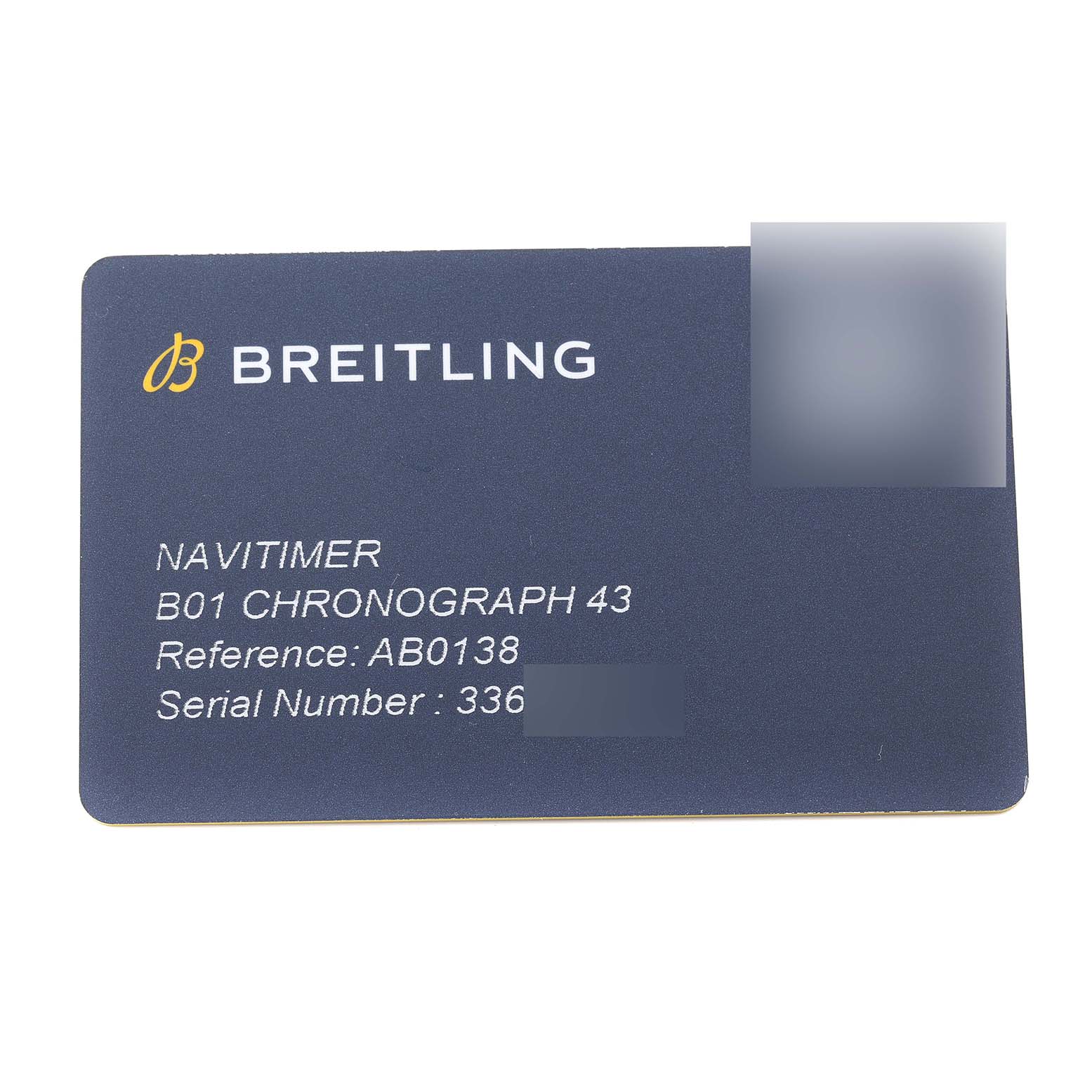 This image shows the warranty card for a Breitling Navitimer AB0138 Men's Stainless Steel Black Dial AB0138 Men's Stainless Steel Black Dial B01 Chronograph 43 watch.