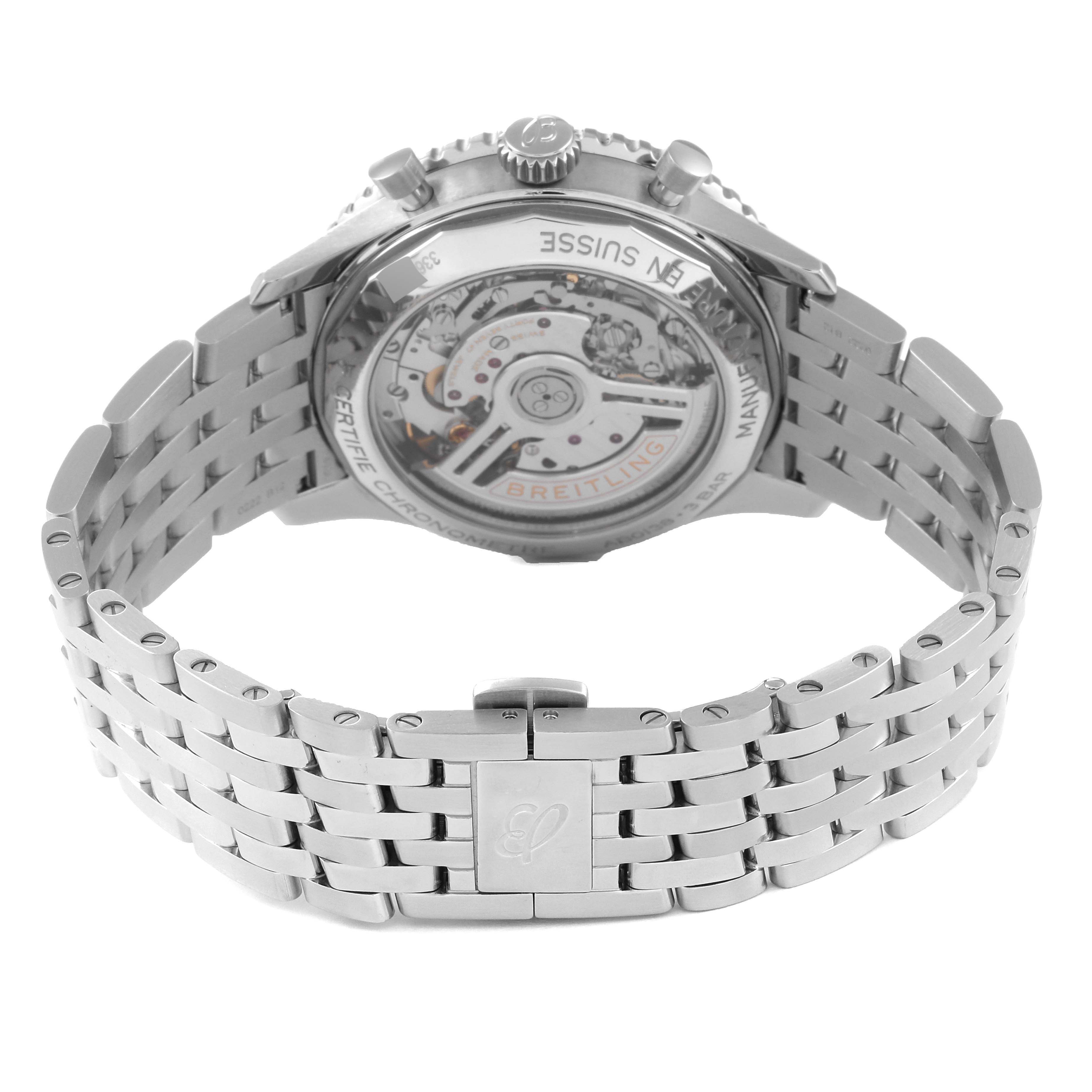 The image shows the back view of a Breitling Navitimer AB0138 Men's Stainless Steel Black Dial AB0138 Men's Stainless Steel Black Dial watch, highlighting its movement and stainless steel bracelet.