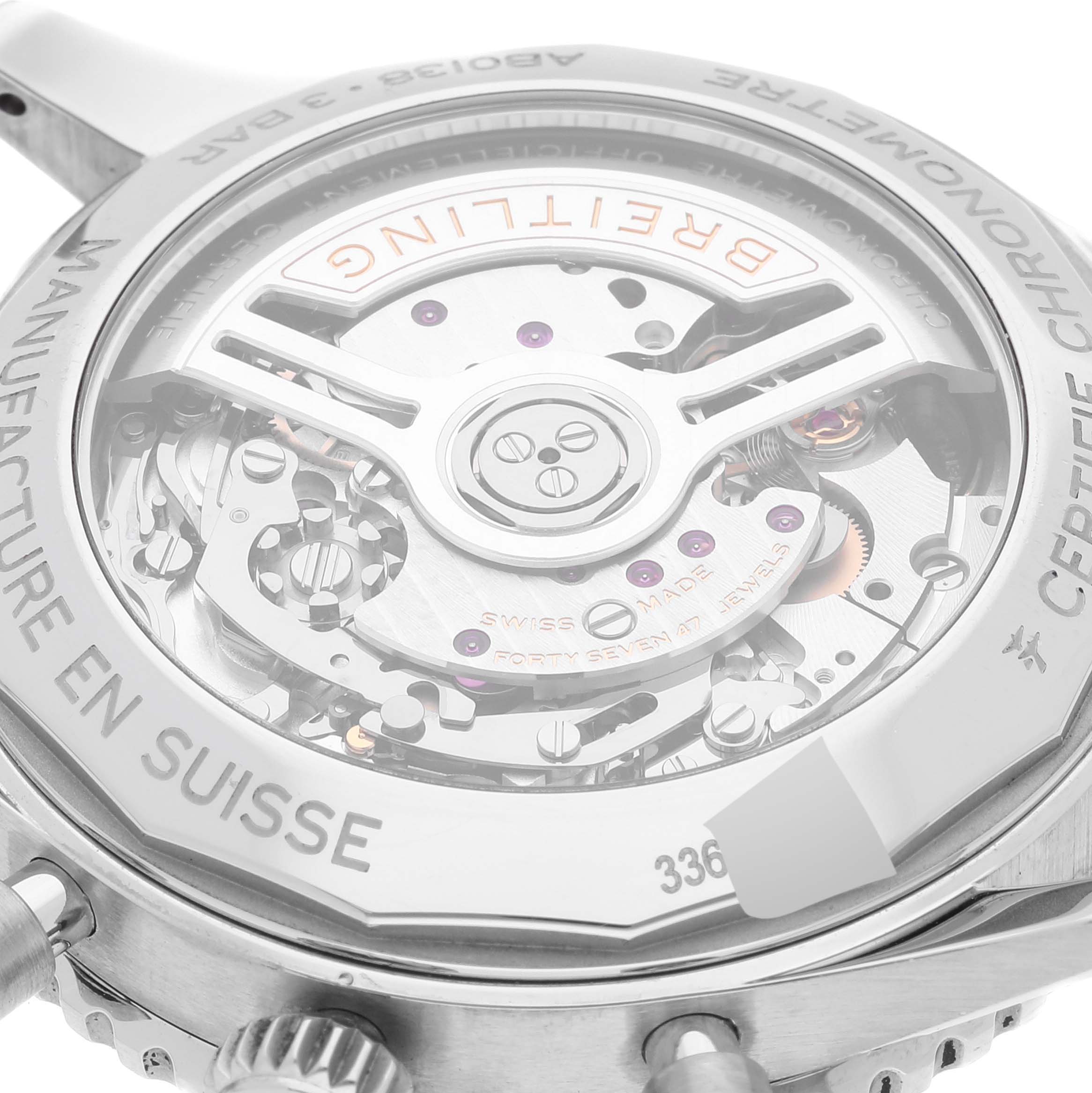 The image shows the back side of a Breitling Navitimer AB0138 Men's Stainless Steel Black Dial AB0138 Men's Stainless Steel Black Dial watch, highlighting its transparent case back and intricate movement.