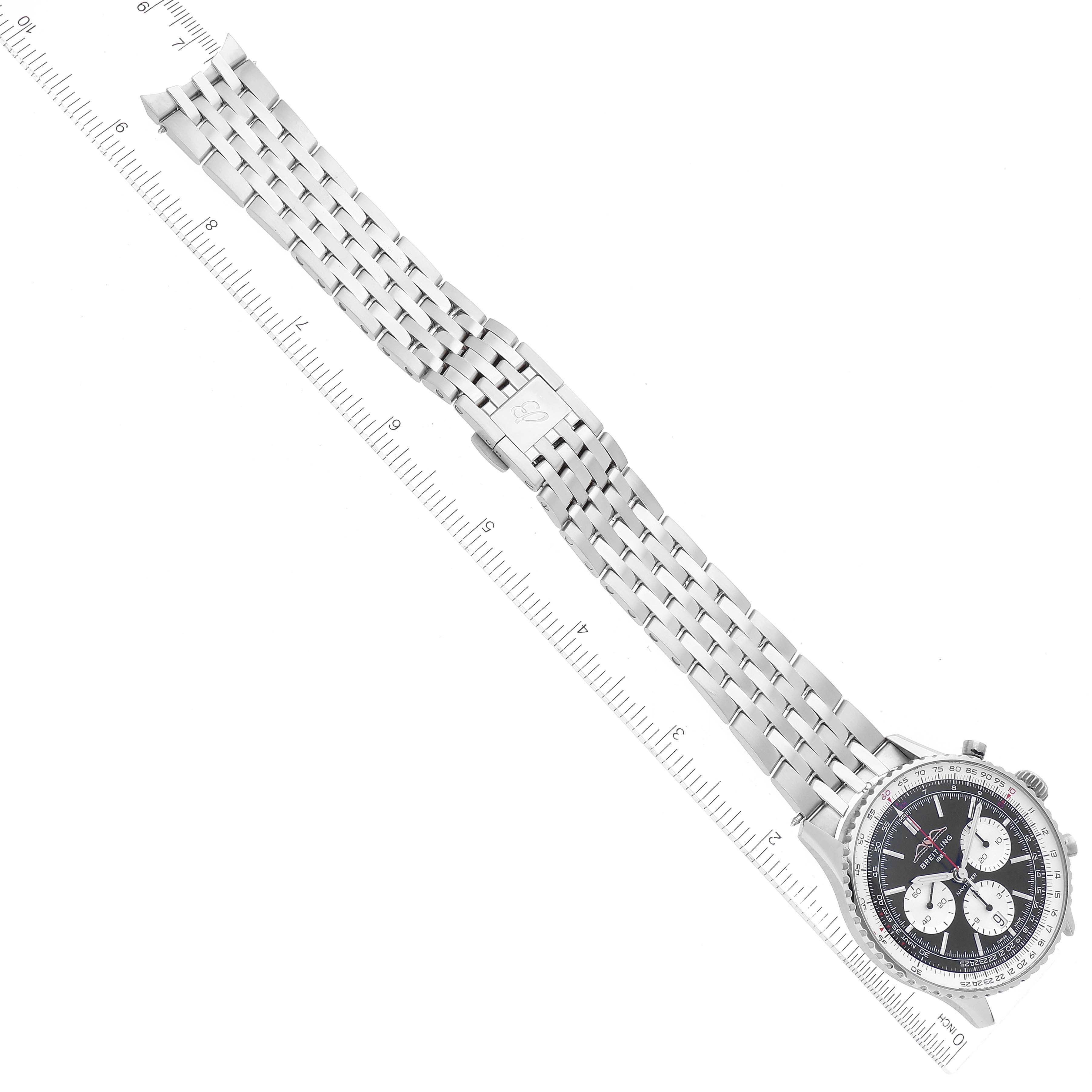 The image shows a top-down view of a Breitling Navitimer AB0138 Men's Stainless Steel Black Dial AB0138 Men's Stainless Steel Black Dial watch, including its face, bezel, chronograph dials, and metal bracelet.