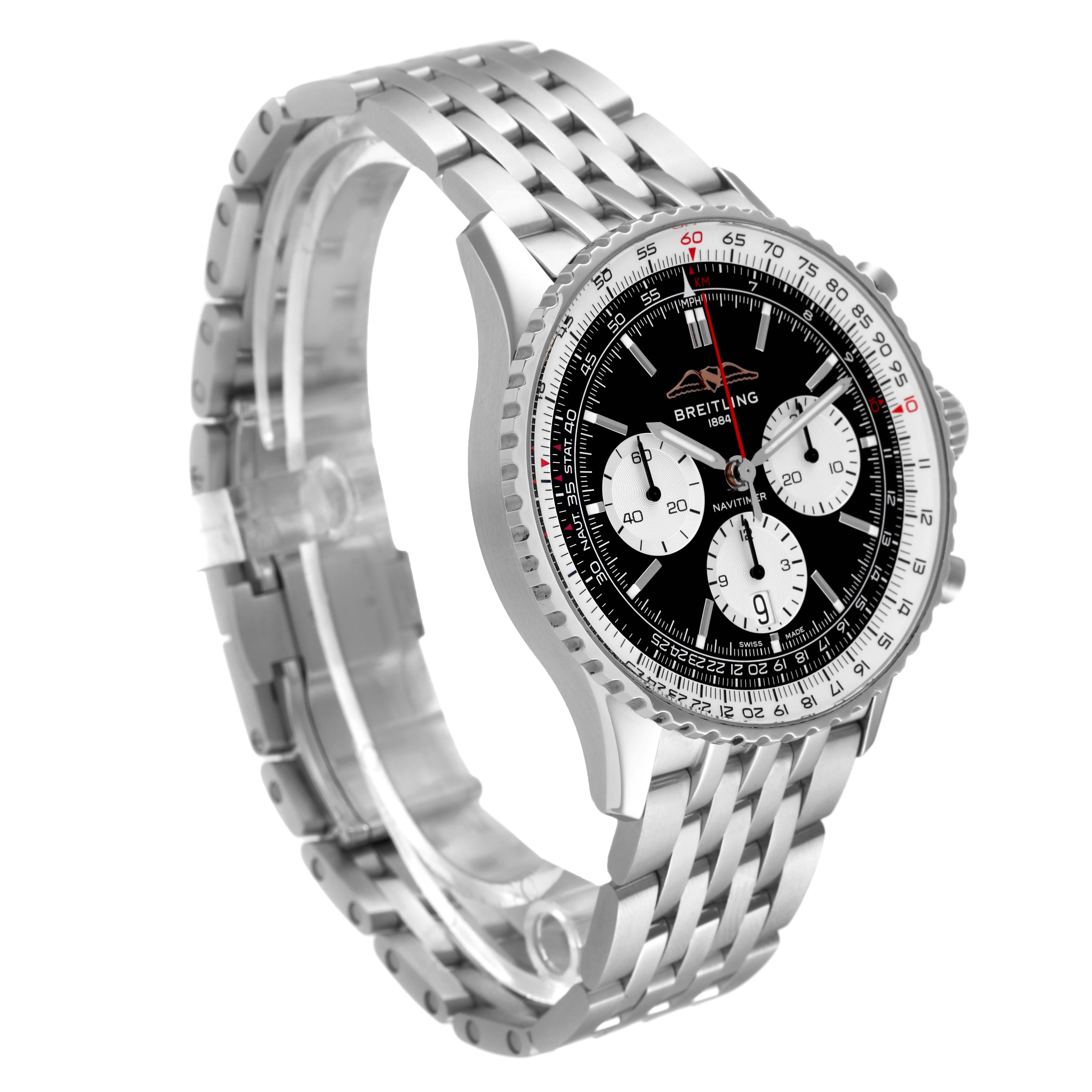 This image shows a side and angled top view of the Breitling Navitimer AB0138 Men's Stainless Steel Black Dial AB0138 Men's Stainless Steel Black Dial watch, highlighting the face, bracelet, and bezel.
