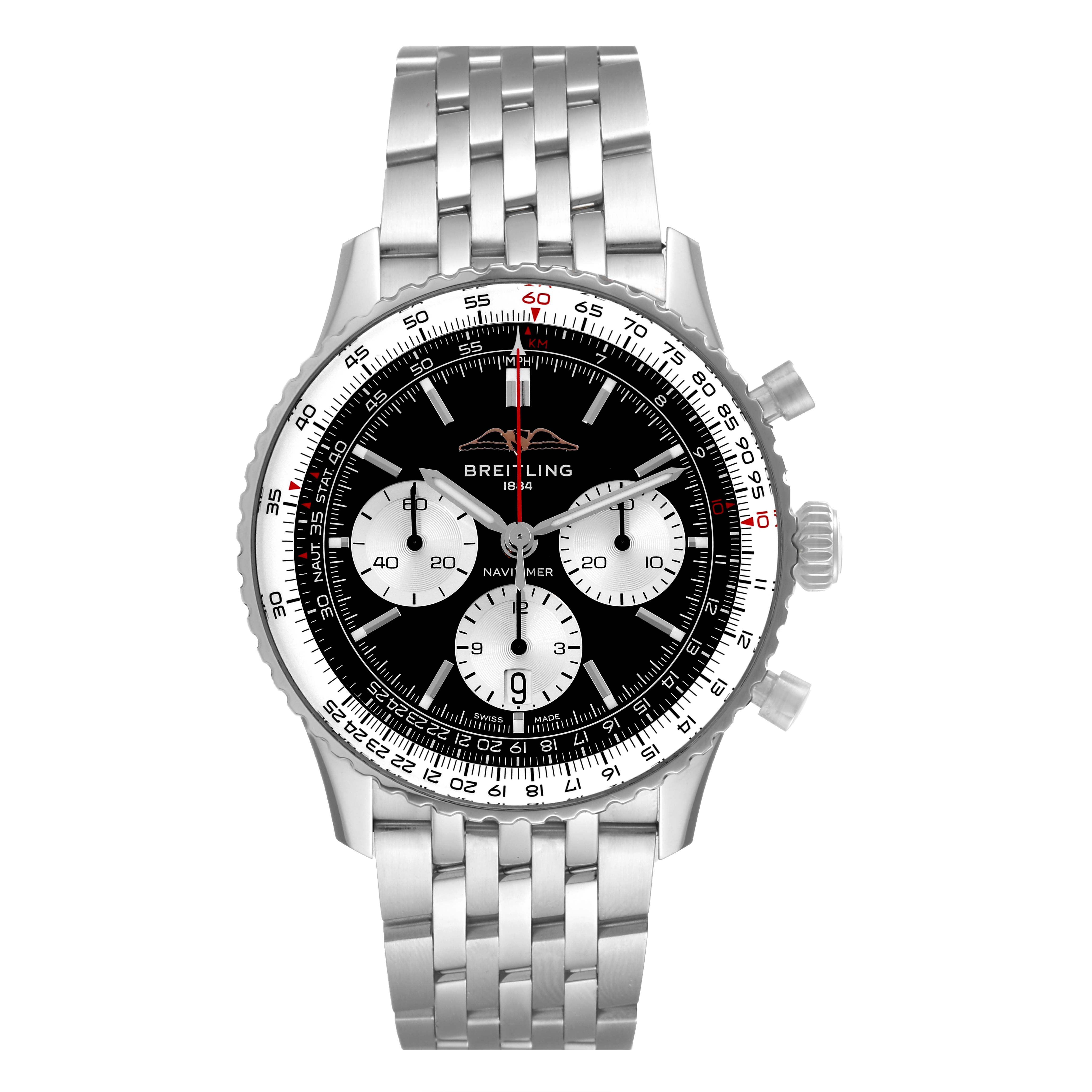 The image shows a front view of a Breitling Navitimer AB0138 Men's Stainless Steel Black Dial AB0138 Men's Stainless Steel Black Dial watch, displaying its dial, bezel, chronograph sub-dials, and stainless steel bracelet.