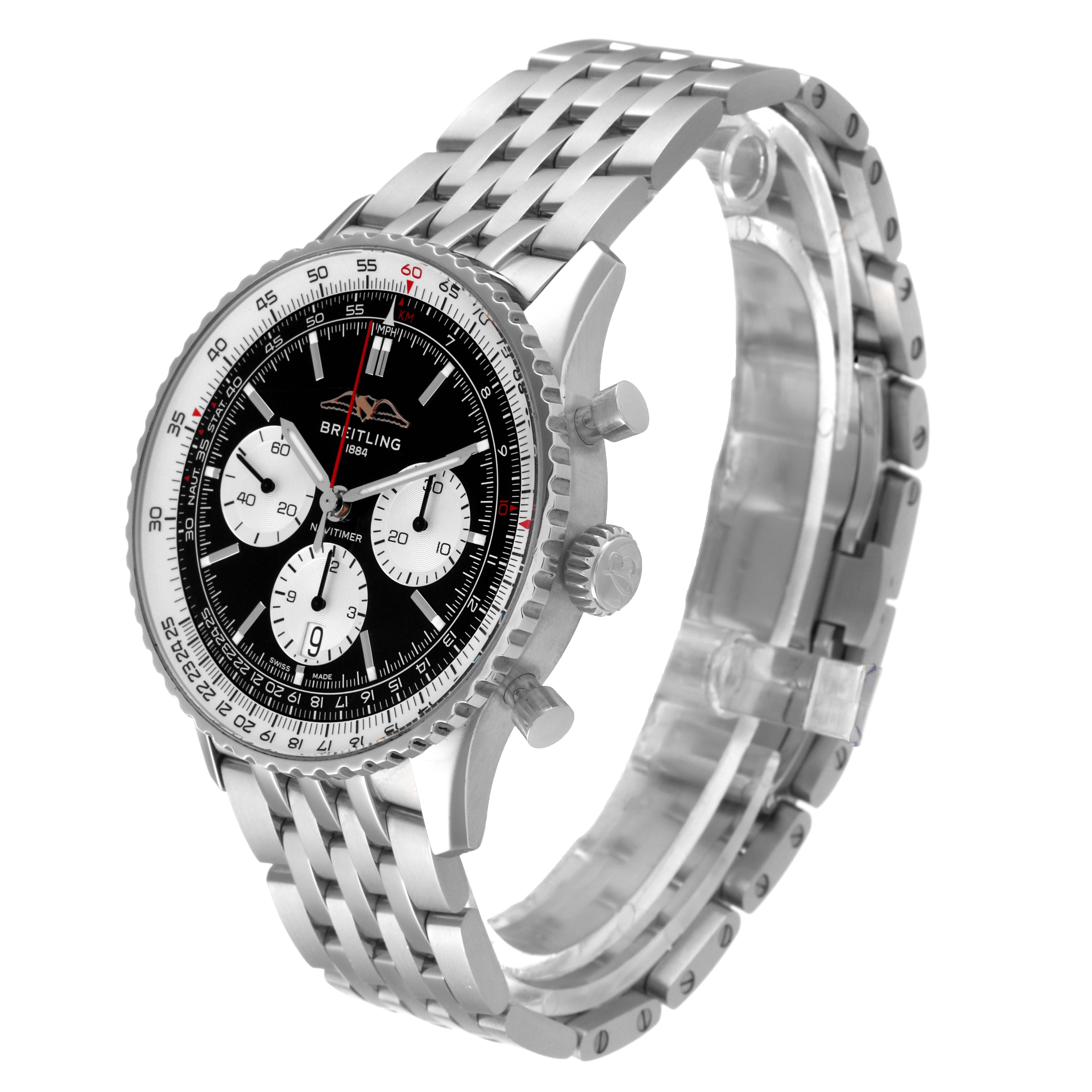 The image shows a Breitling Navitimer AB0138 Men's Stainless Steel Black Dial AB0138 Men's Stainless Steel Black Dial watch angled slightly from the front, highlighting the face, bezel, and metal bracelet.