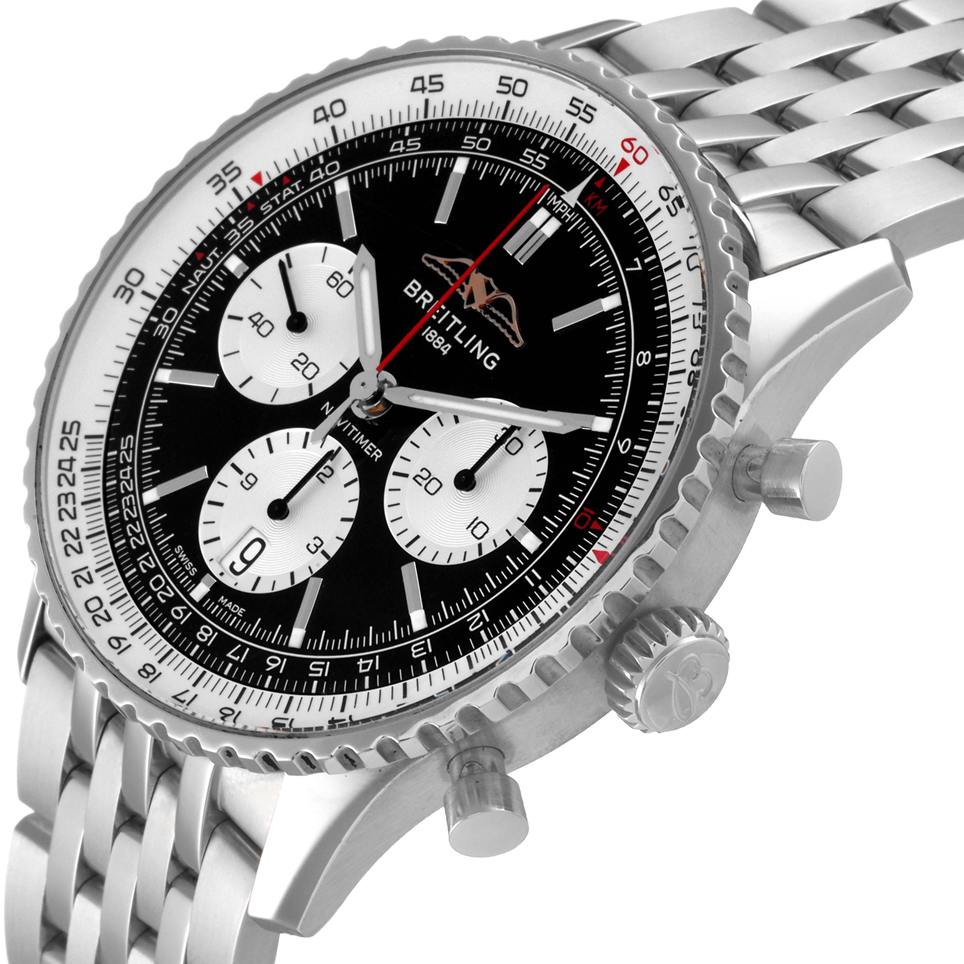 The image shows a close-up view of a Breitling Navitimer AB0138 Men's Stainless Steel Black Dial AB0138 Men's Stainless Steel Black Dial, highlighting the face, bezel, pushers, crown, and metal bracelet.
