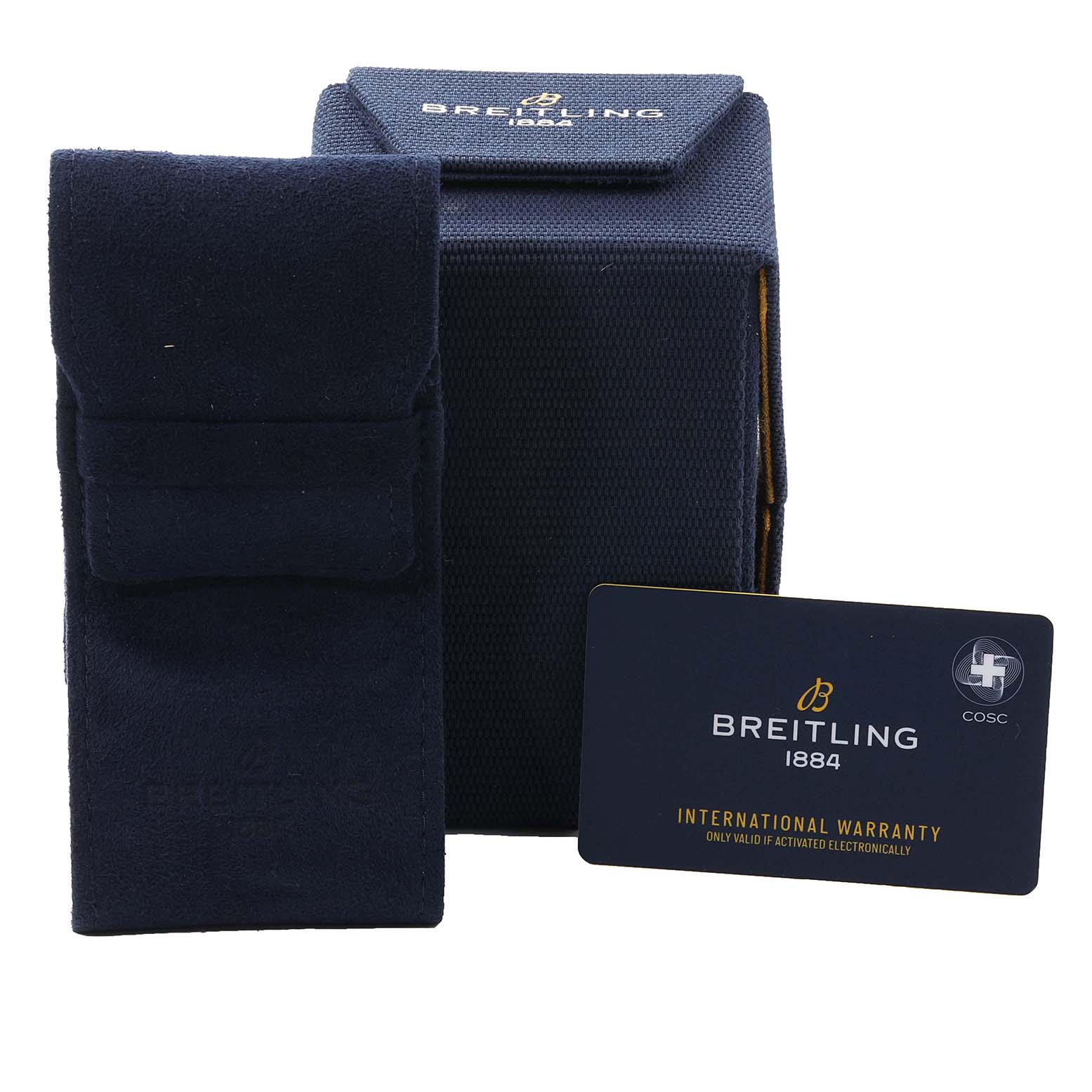 The image shows a Breitling Navitimer AB0138 Men's Stainless Steel Black Dial AB0138 Men's Stainless Steel Black Dial watch's box, protective pouch, and international warranty card.