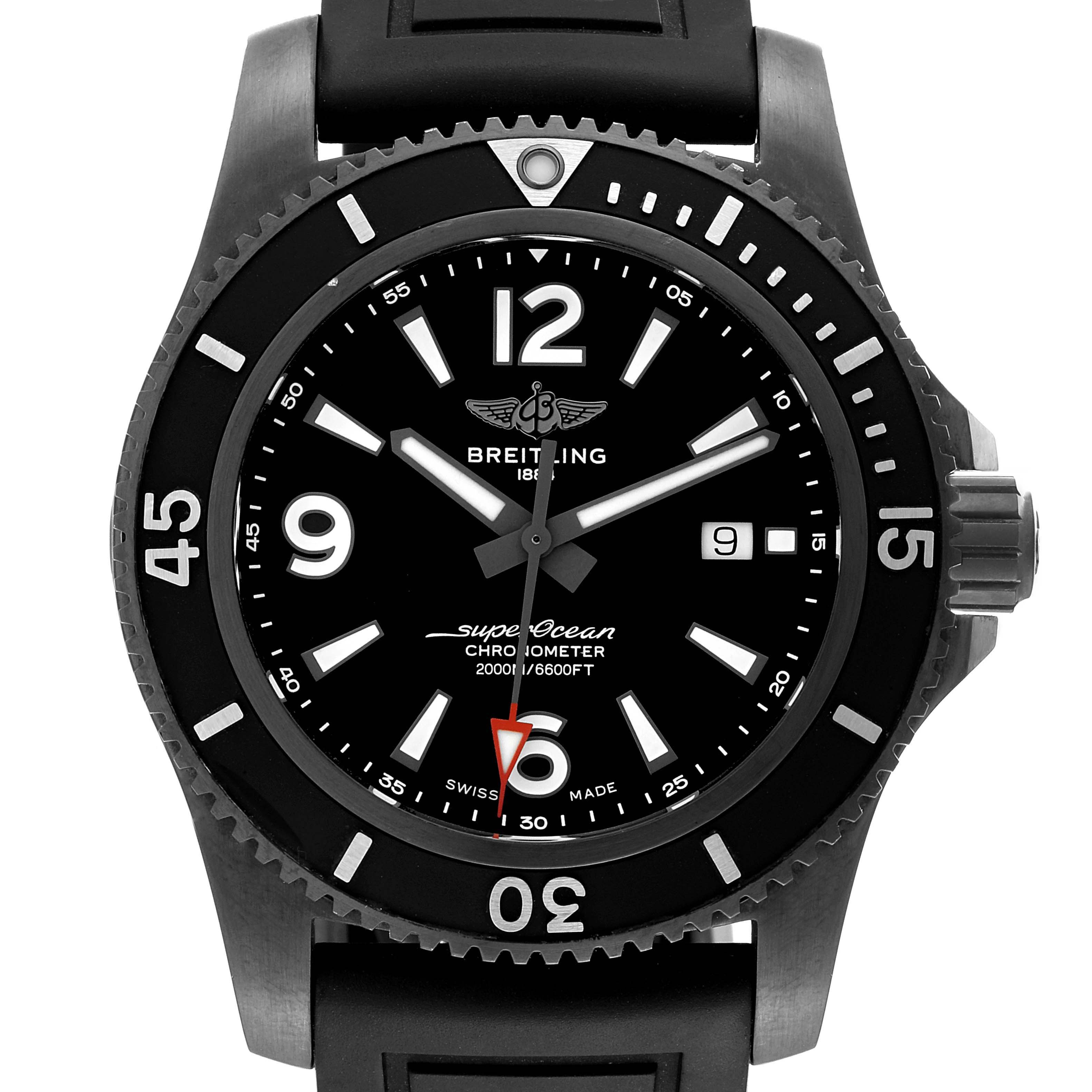 The image shows a front view of a Breitling Superocean M17368 Men's Stainless Steel Black Dial M17368 Men's Stainless Steel Black Dial watch, highlighting the dial, bezel, date window, and part of the strap.