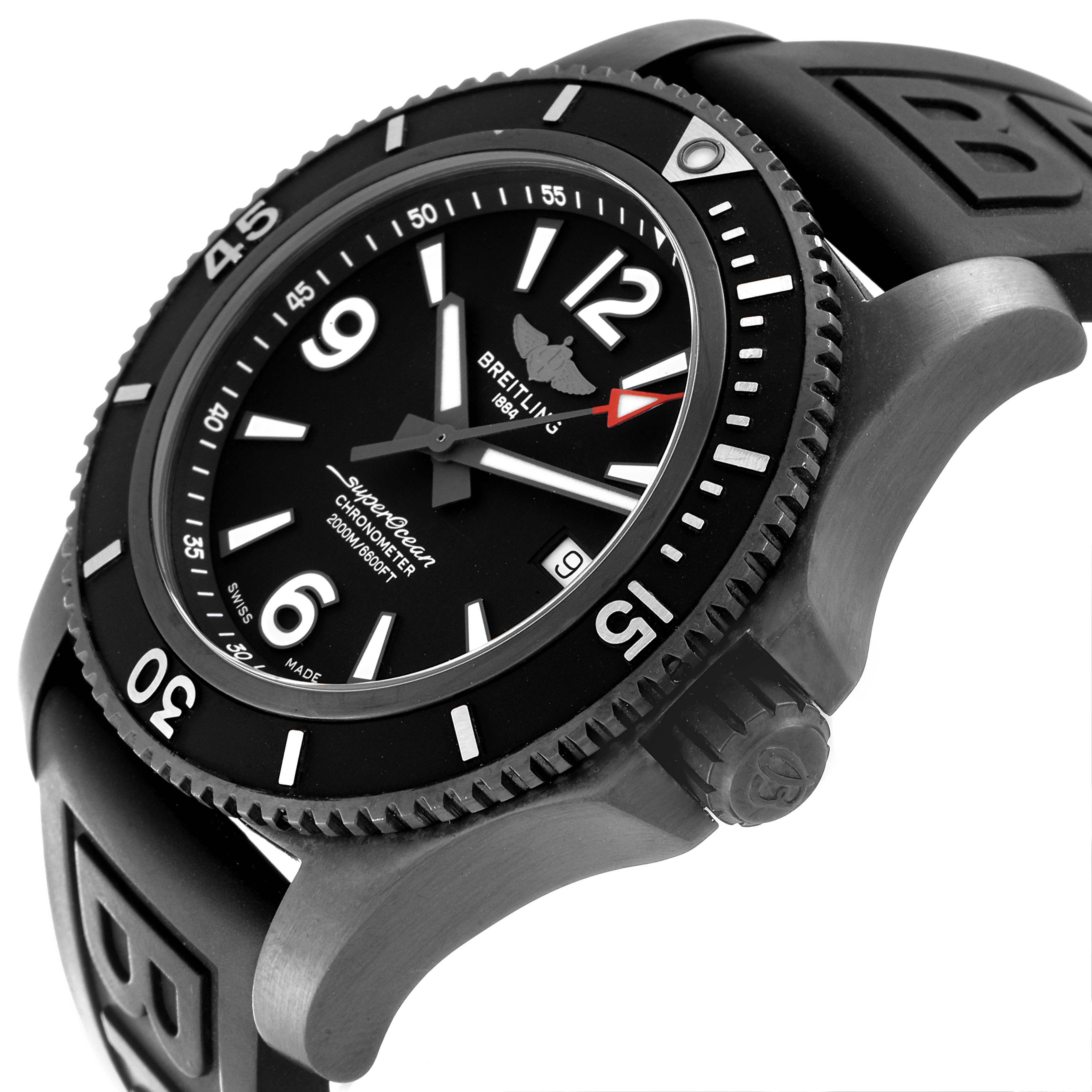 The image shows a side angle of the Breitling Superocean M17368 Men's Stainless Steel Black Dial M17368 Men's Stainless Steel Black Dial watch, highlighting its bezel, dial, crown, and rubber strap.