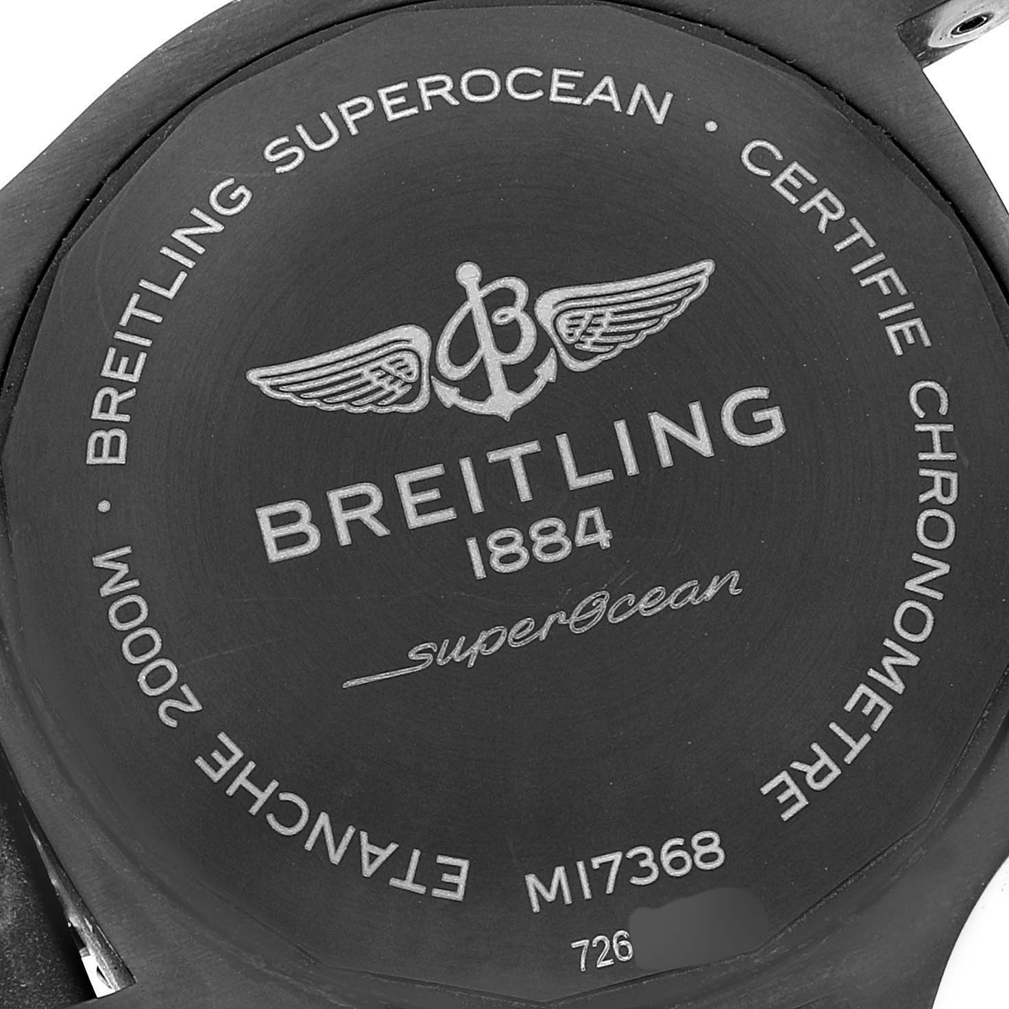 This is the back view of the Breitling Superocean M17368 Men's Stainless Steel Black Dial M17368 Men's Stainless Steel Black Dial watch, highlighting the engravings and brand details.