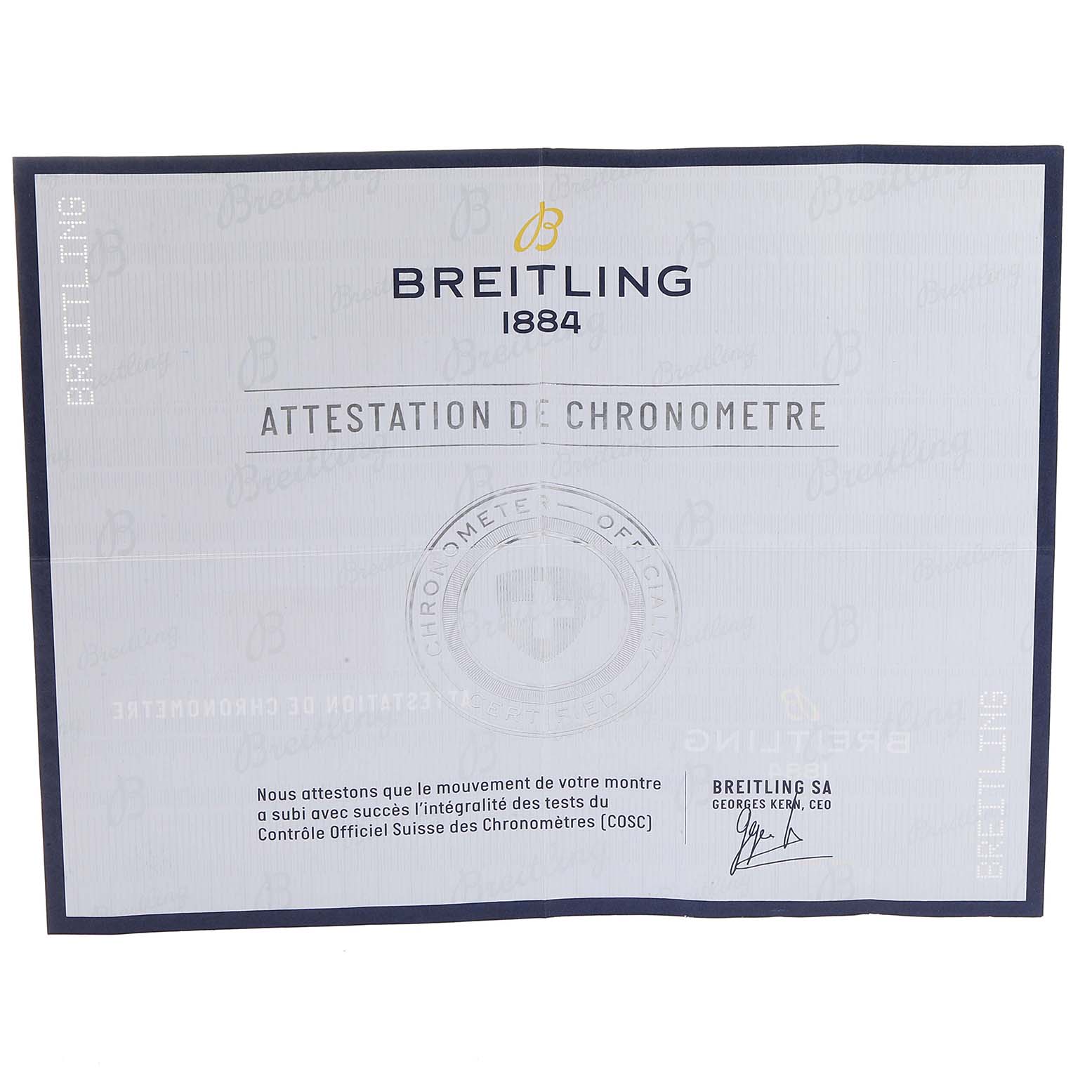 The image shows the chronometer certification document for the Breitling Superocean M17368 Men's Stainless Steel Black Dial M17368 Men's Stainless Steel Black Dial model.