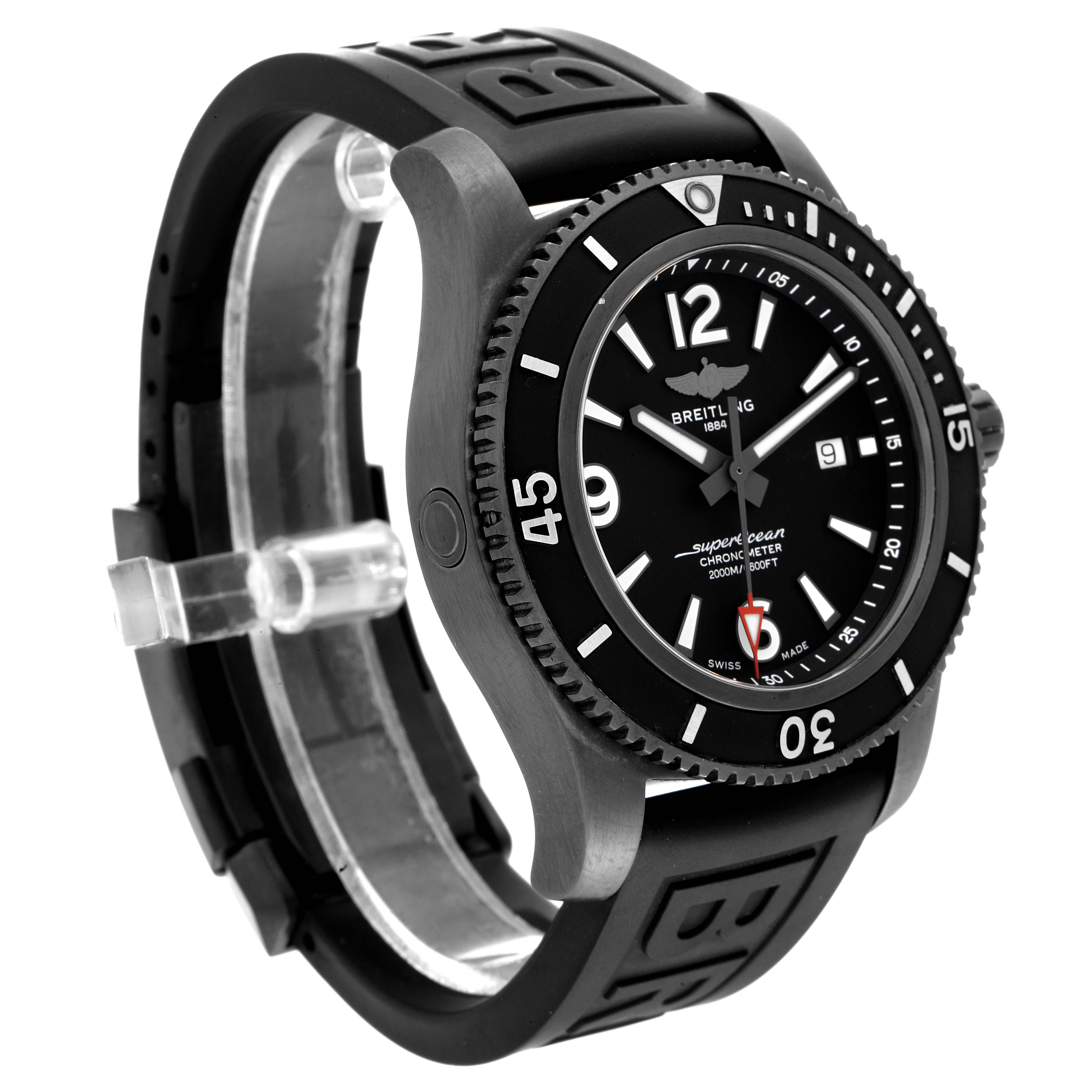 The image shows a side angle of the Breitling Superocean M17368 Men's Stainless Steel Black Dial M17368 Men's Stainless Steel Black Dial watch, highlighting its black dial, bezel, and rubber strap.