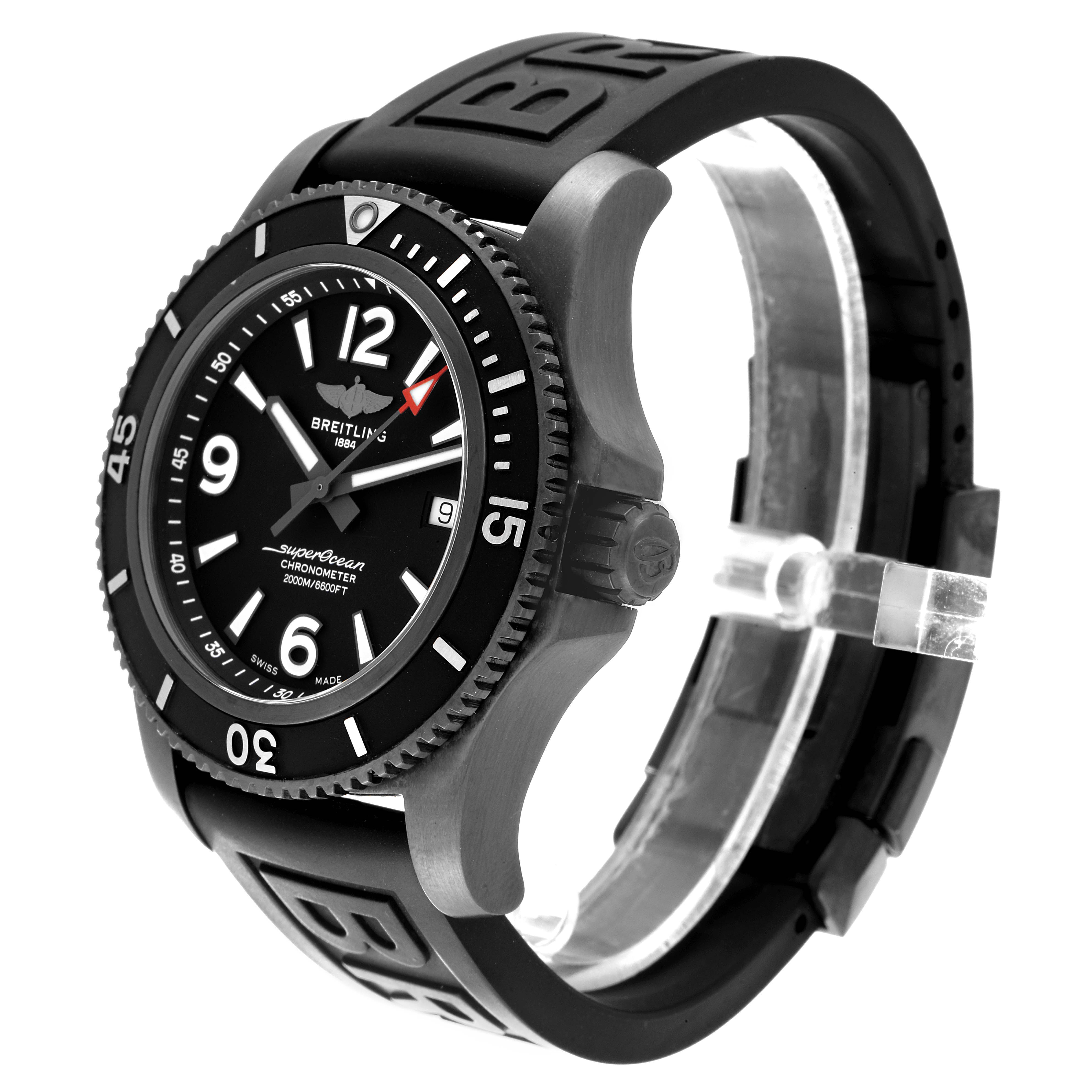 The image shows a Breitling Superocean M17368 Men's Stainless Steel Black Dial M17368 Men's Stainless Steel Black Dial watch from an angled side view, highlighting the black dial, bezel, crown, and rubber strap.