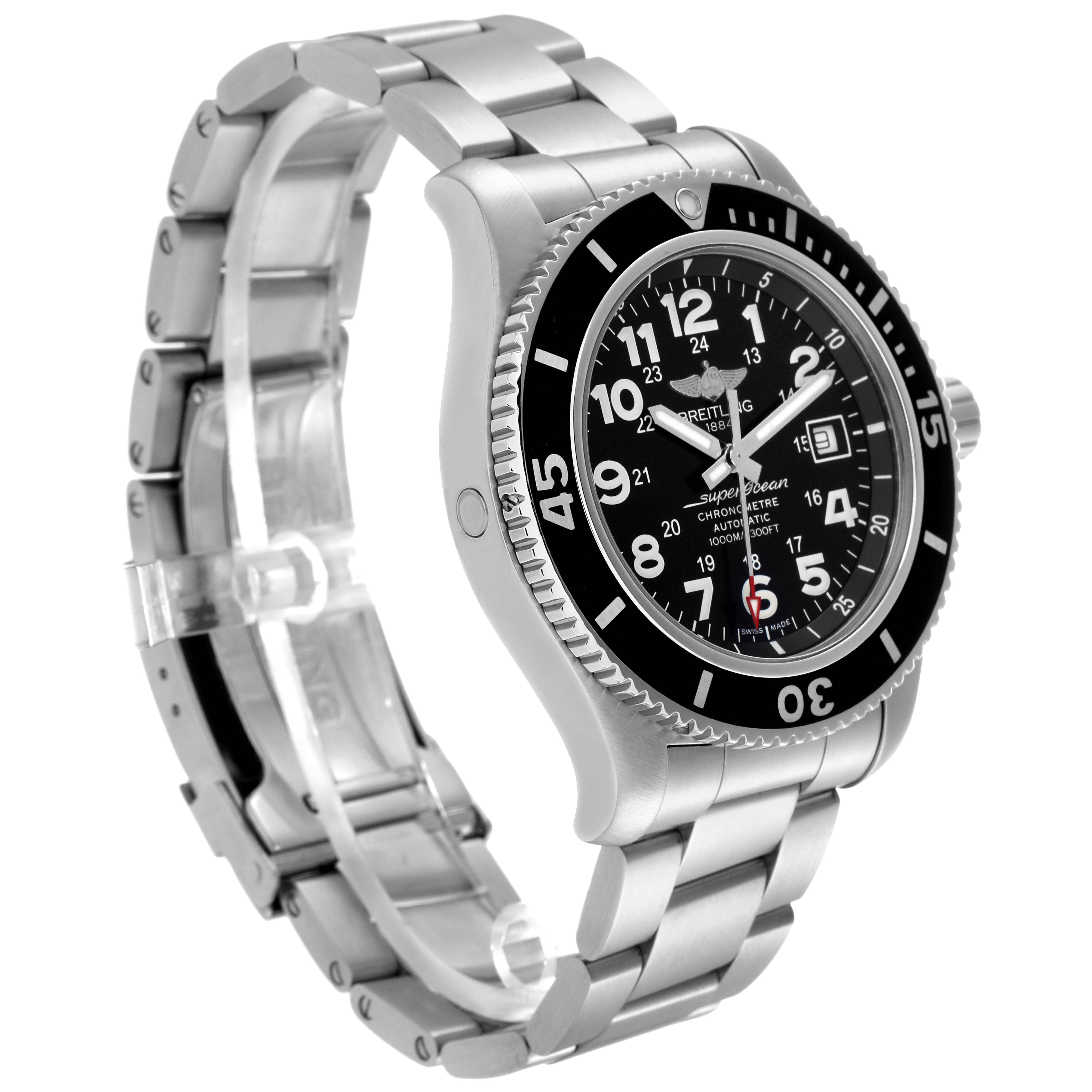 The Breitling Superocean A17392 Men
s Stainless Steel Black Dial A17392 Men
s Stainless Steel Black Dial watch is shown at a three-quarter angle, displaying its bezel, dial, and bracelet.