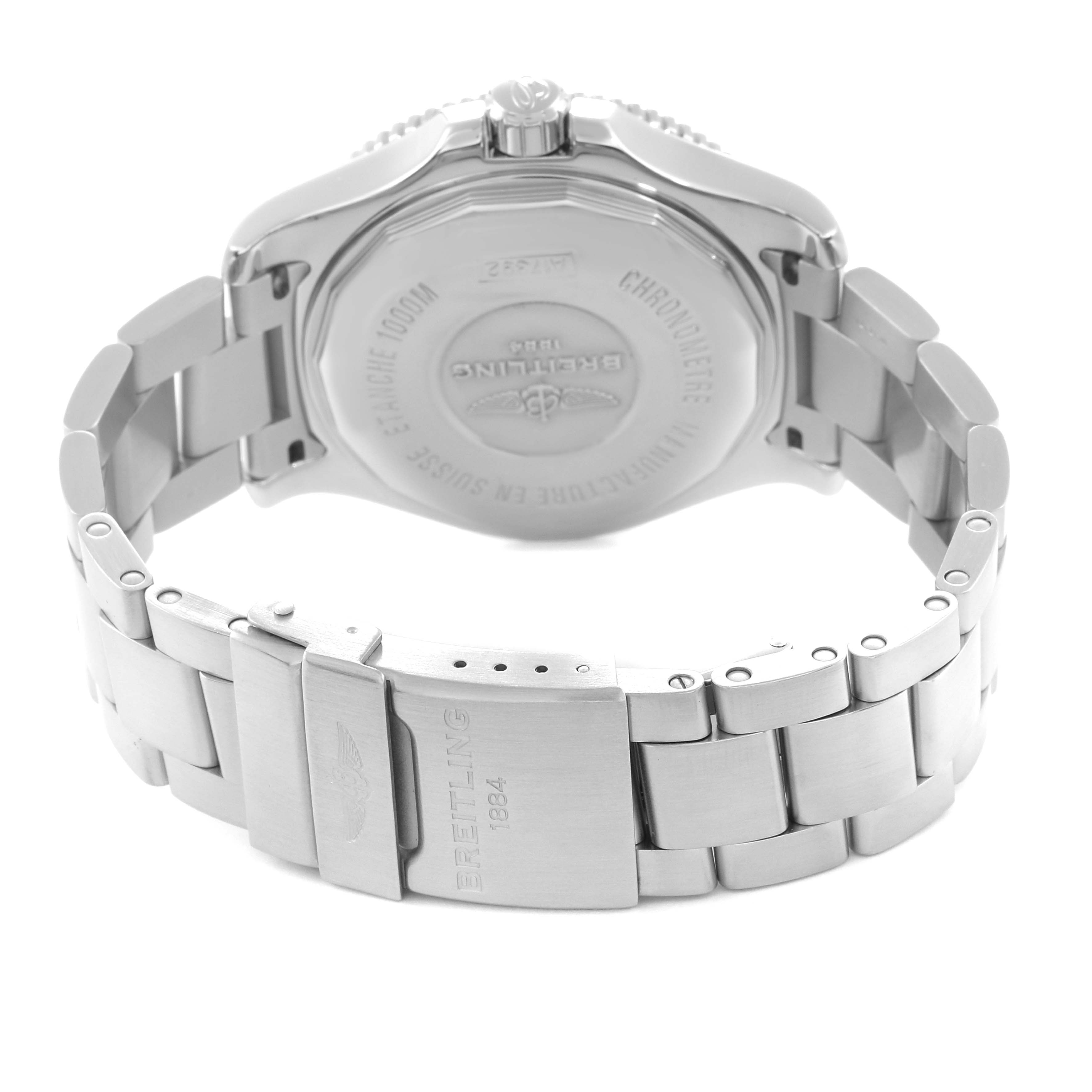 The image shows the back of a Breitling Superocean A17392 Men
s Stainless Steel Black Dial A17392 Men
s Stainless Steel Black Dial watch, highlighting the case back and stainless steel bracelet clasp.