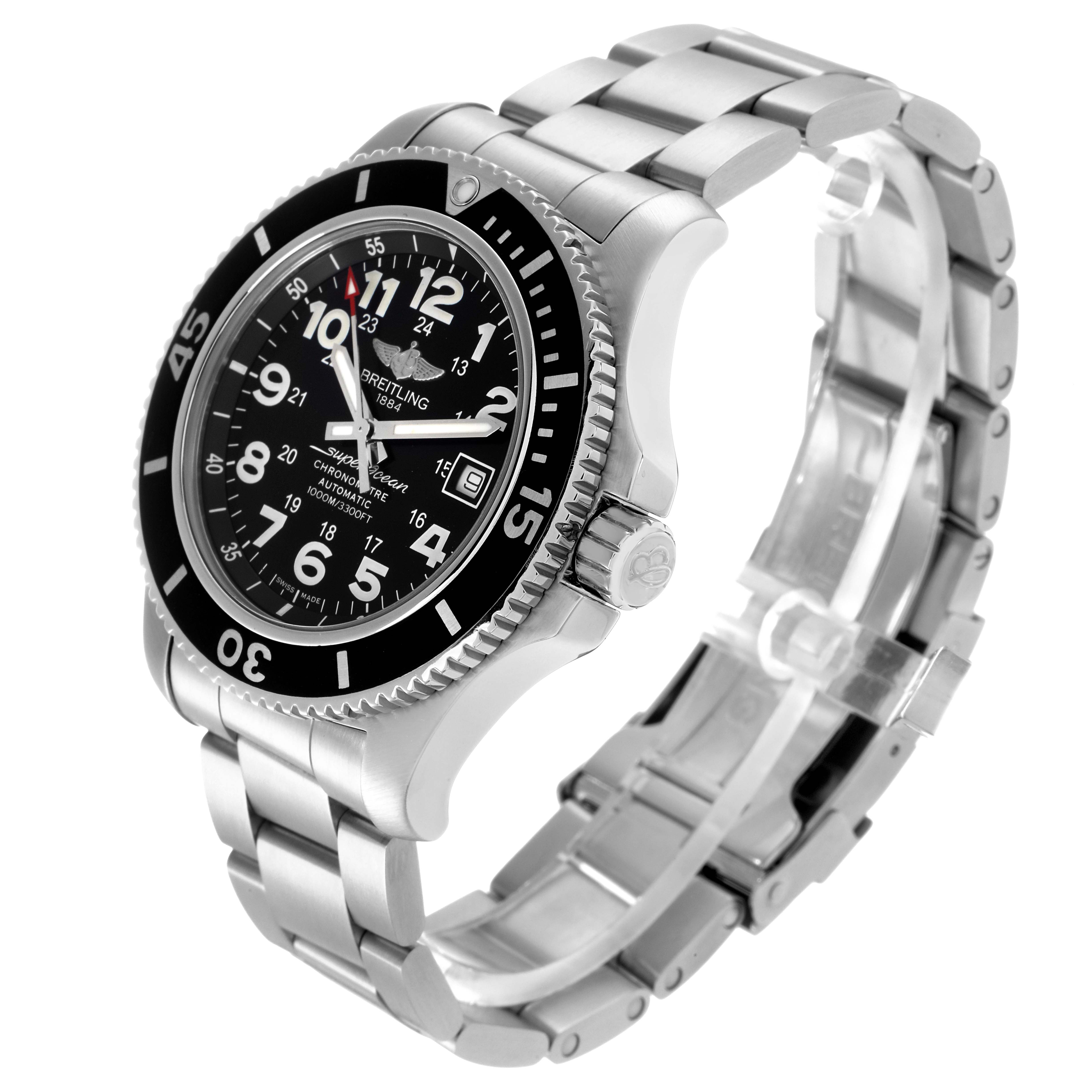 The Breitling Superocean A17392 Men
s Stainless Steel Black Dial A17392 Men
s Stainless Steel Black Dial watch is shown from a front-right angle, displaying its dial, bezel, bracelet, and crown.