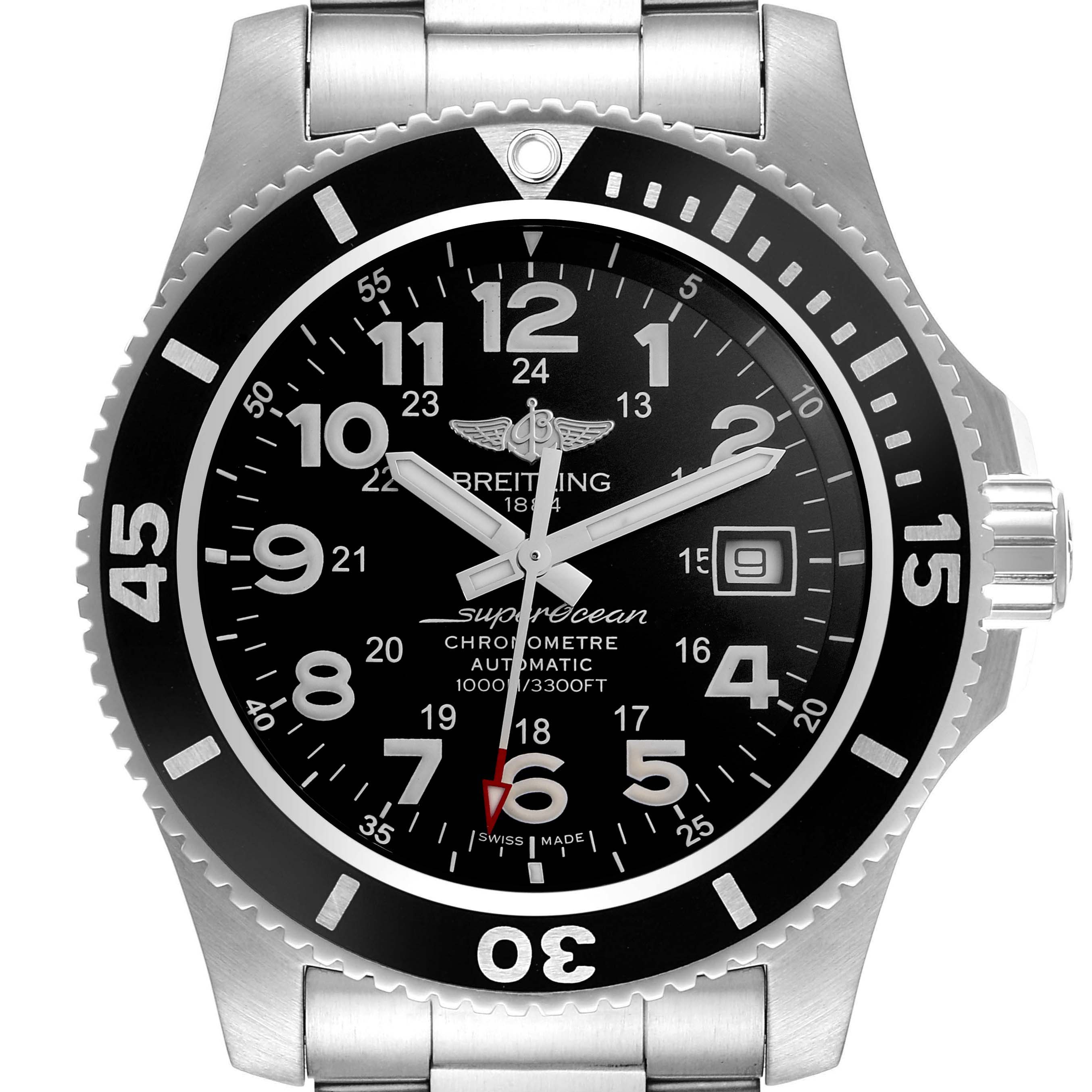 The Breitling Superocean A17392 Men
s Stainless Steel Black Dial A17392 Men
s Stainless Steel Black Dial watch is shown from a front angle, displaying its face, bezel, and part of the bracelet.