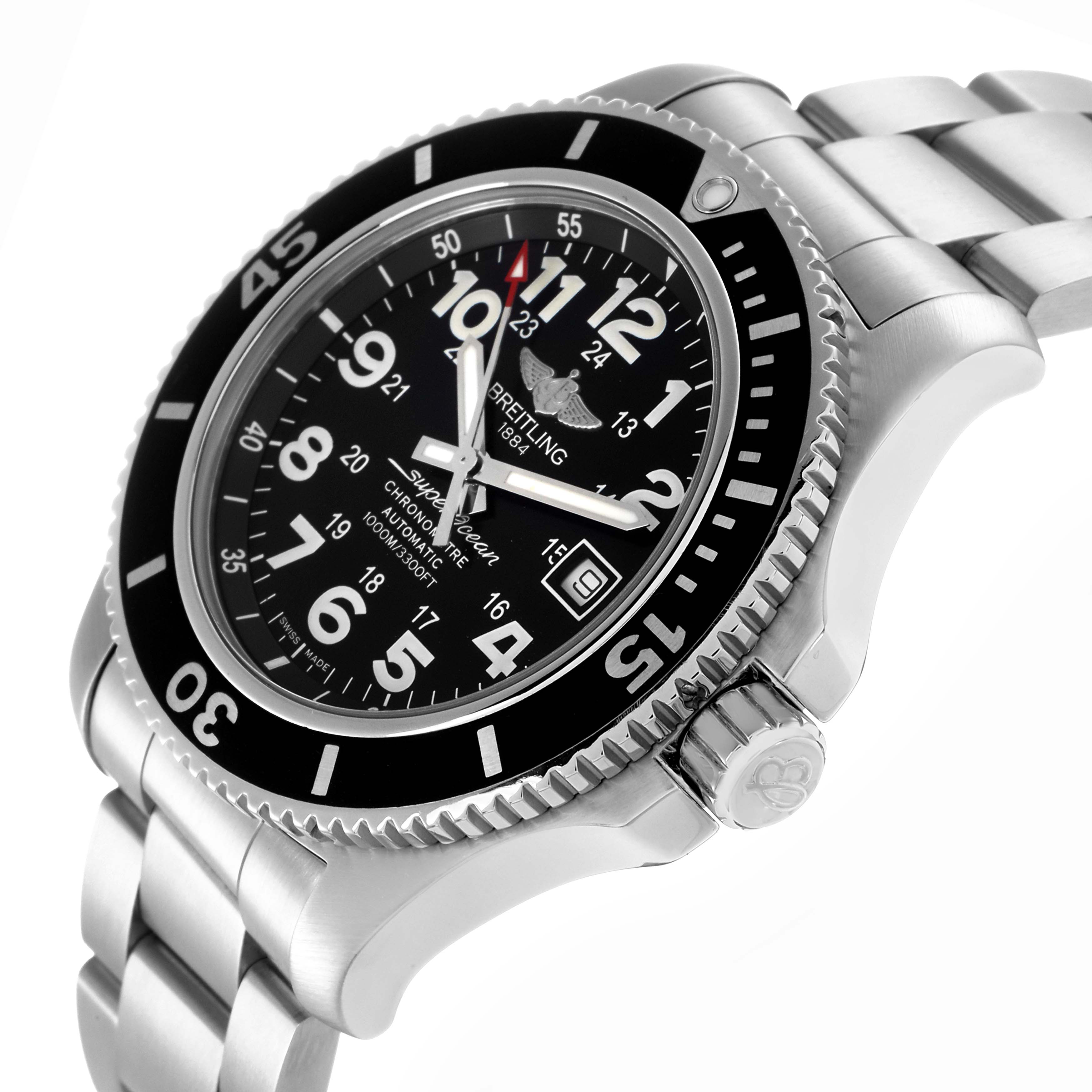 The Breitling Superocean A17392 Men
s Stainless Steel Black Dial A17392 Men
s Stainless Steel Black Dial watch is shown at an angle highlighting its bezel, dial, crown, and part of the metal bracelet.