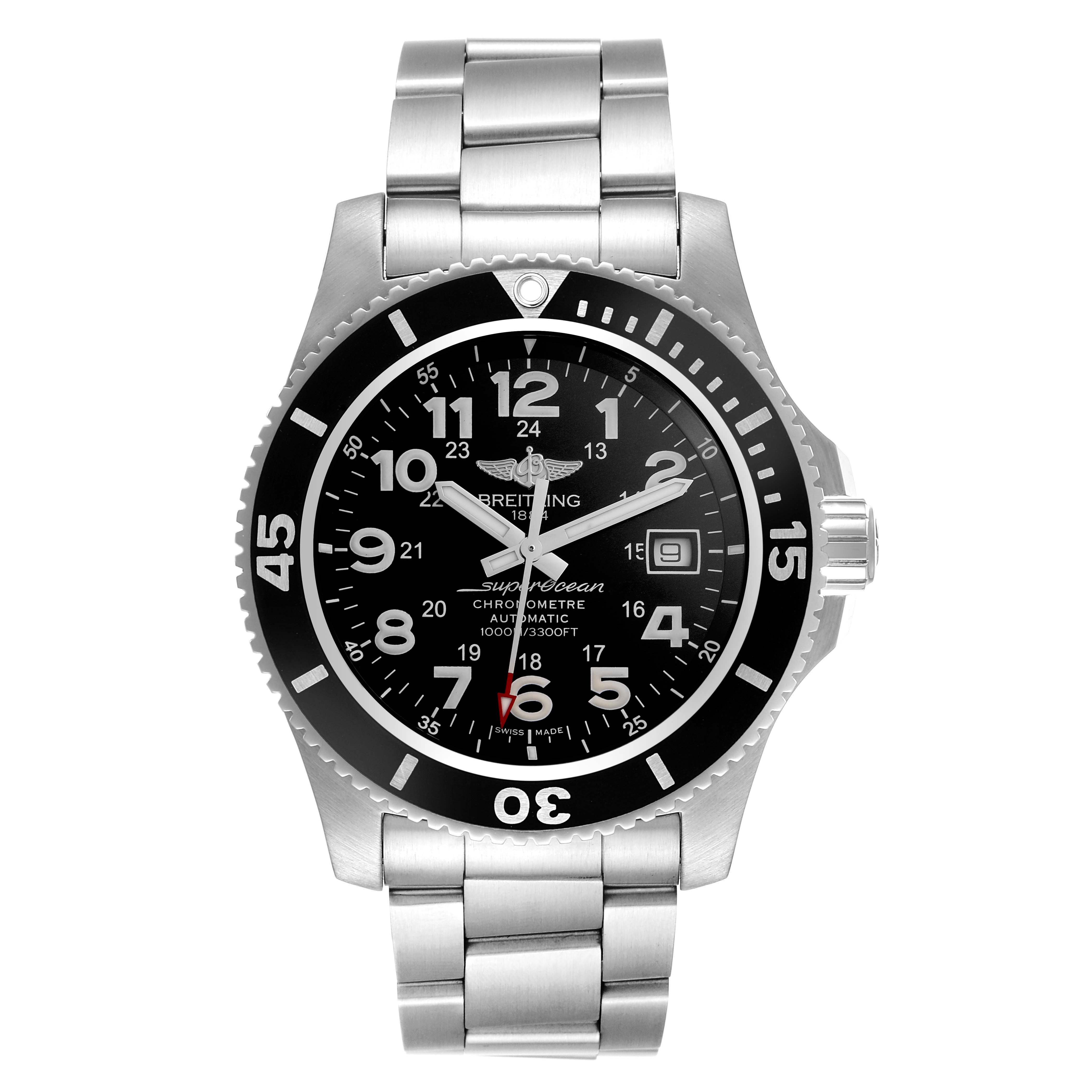 The Breitling Superocean A17392 Men
s Stainless Steel Black Dial A17392 Men
s Stainless Steel Black Dial watch is shown from a front view, highlighting the dial, bezel, and bracelet.