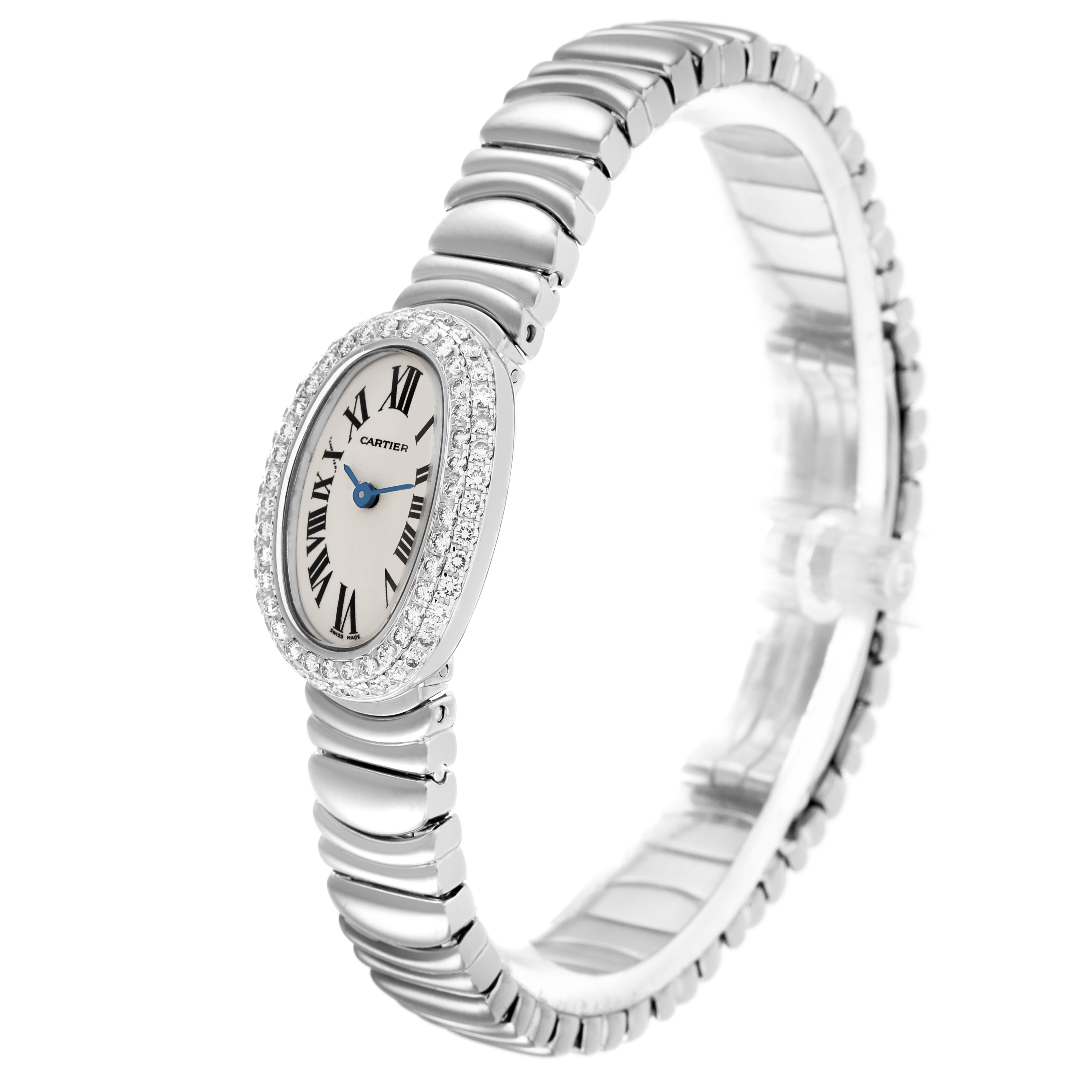 The Cartier Baignoire WB095W2 Women's White Gold Silver Dial WB095W2 Women's White Gold Silver Dial watch is shown at a three-quarter angle, displaying the oval face, bracelet, and diamond bezel.