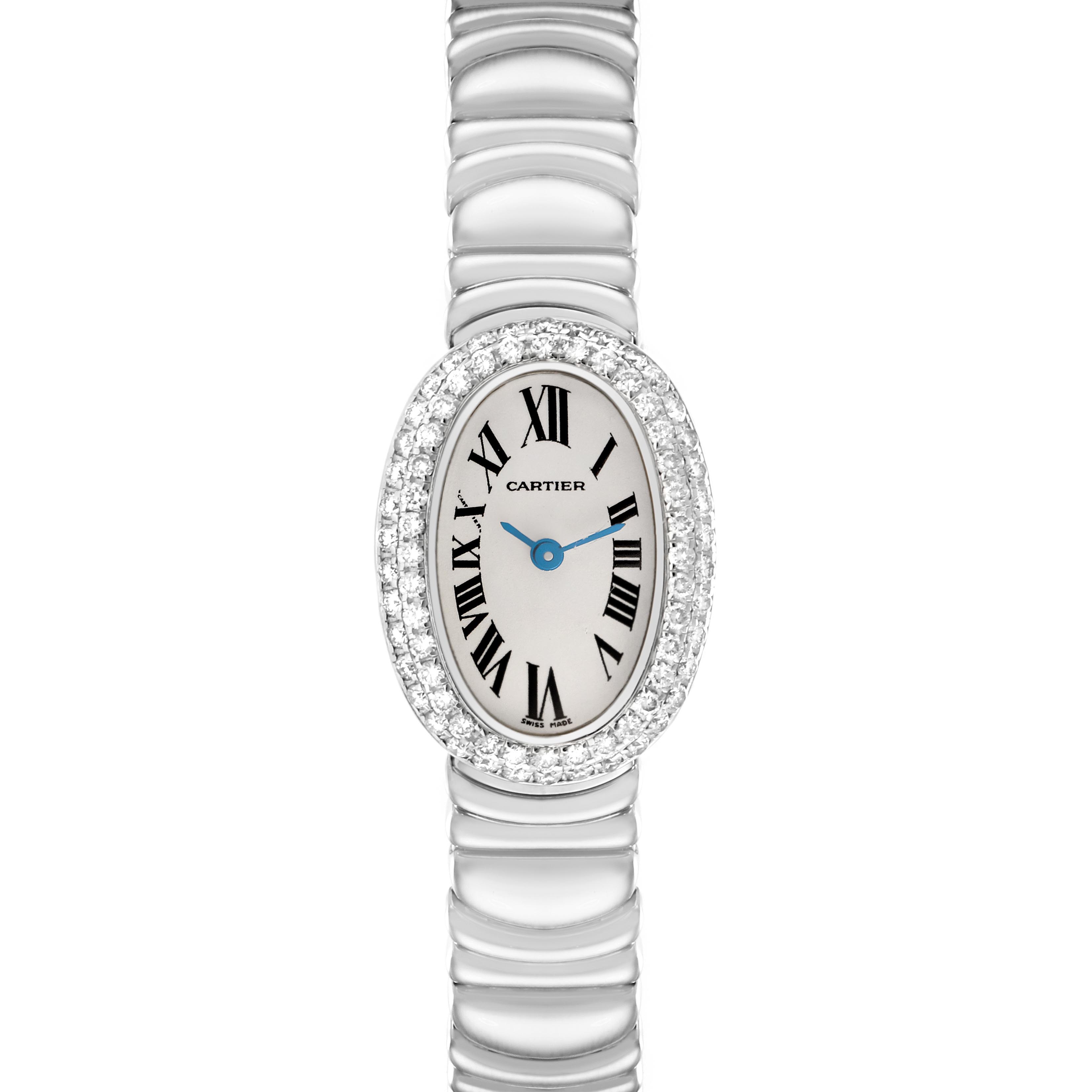 The Cartier Baignoire WB095W2 Women's White Gold Silver Dial WB095W2 Women's White Gold Silver Dial watch is shown from a top-down perspective, highlighting its oval face, diamond bezel, and metal bracelet.