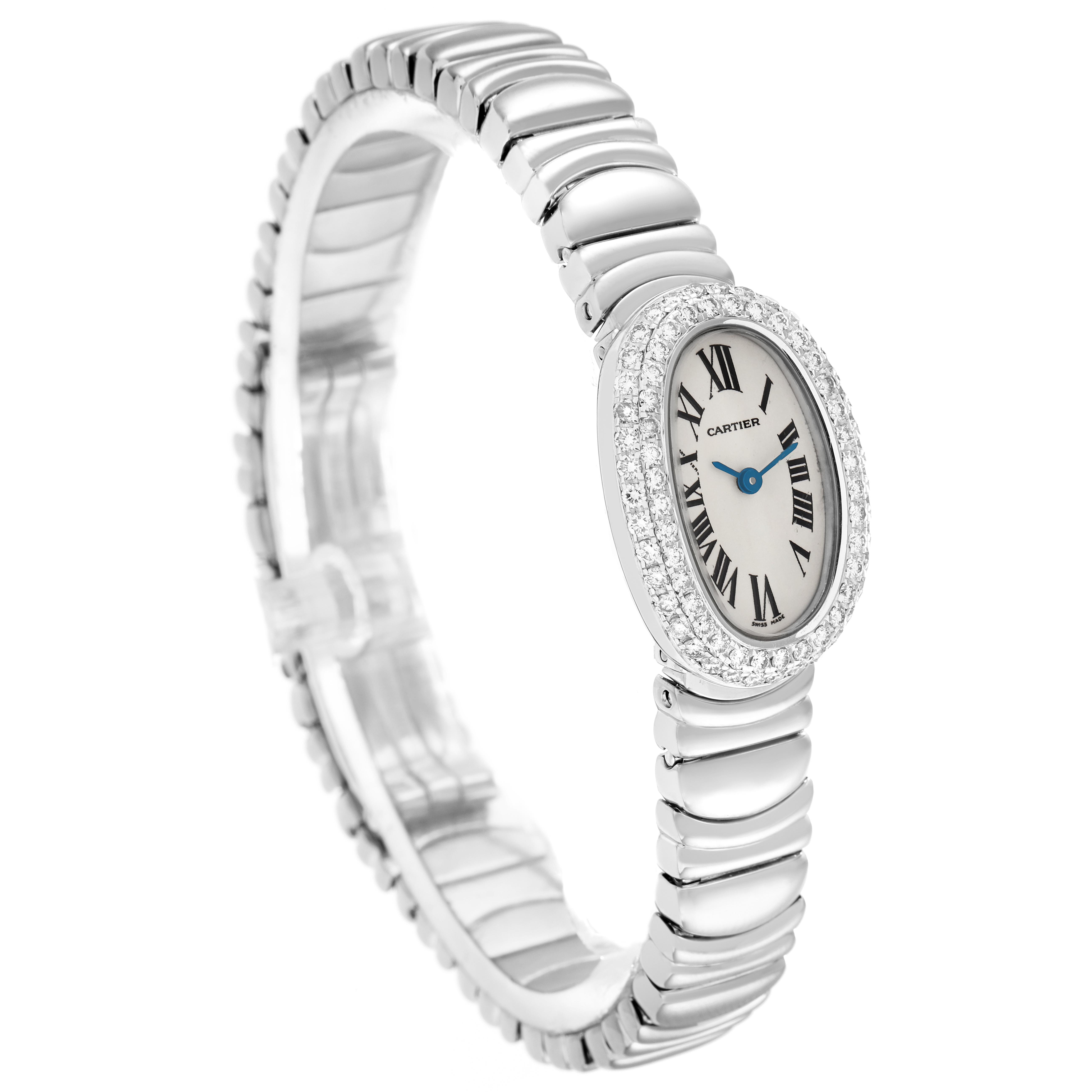 The Cartier Baignoire WB095W2 Women's White Gold Silver Dial WB095W2 Women's White Gold Silver Dial watch is shown at a three-quarter angle, displaying the oval face, Roman numerals, and metal bracelet.