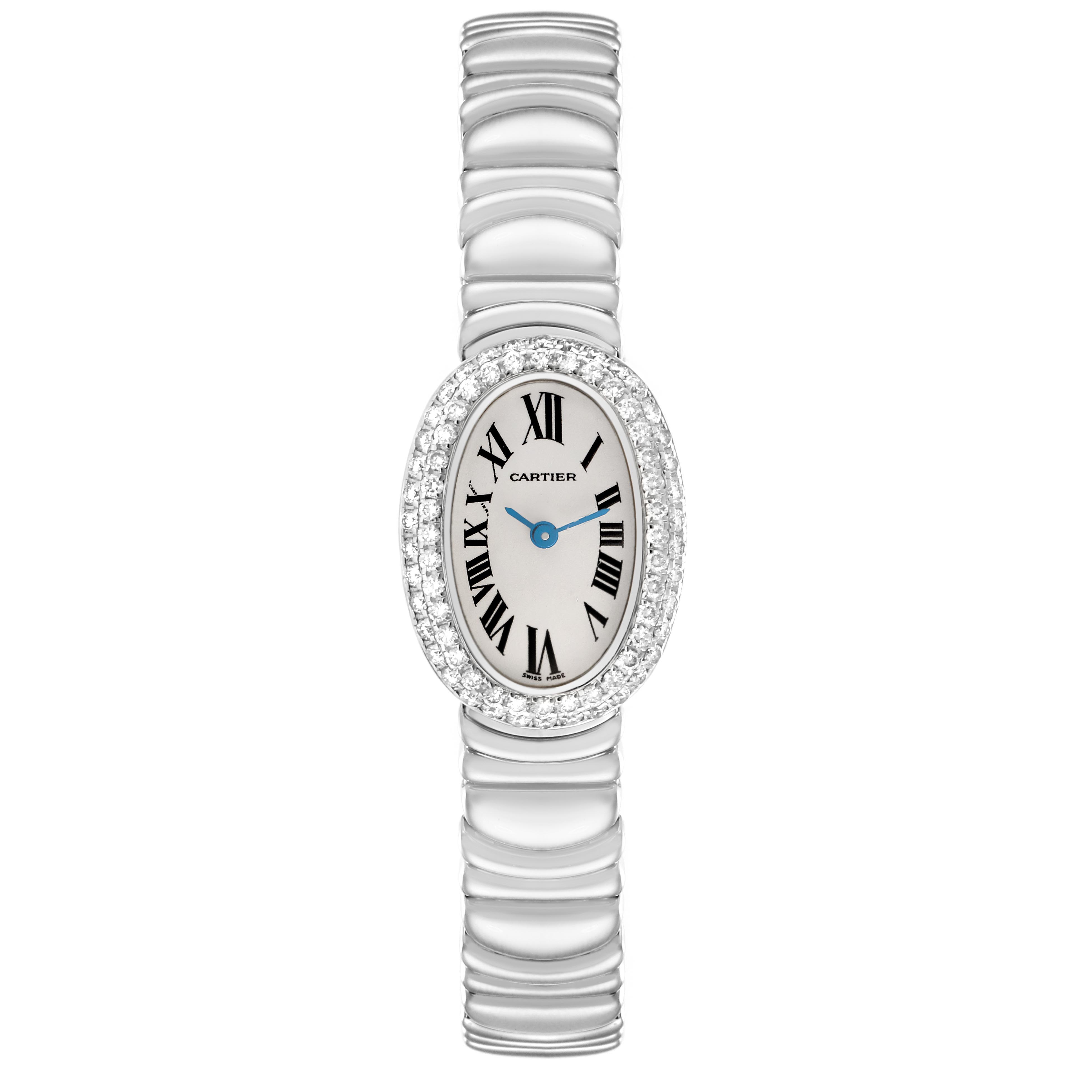 The Cartier Baignoire WB095W2 Women's White Gold Silver Dial WB095W2 Women's White Gold Silver Dial watch is shown from the front, highlighting its oval face, diamond bezel, and metal bracelet.