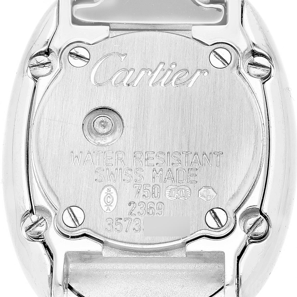 The image shows the back case of a Cartier Baignoire WB095W2 Women's White Gold Silver Dial WB095W2 Women's White Gold Silver Dial watch, displaying engravings and screws.