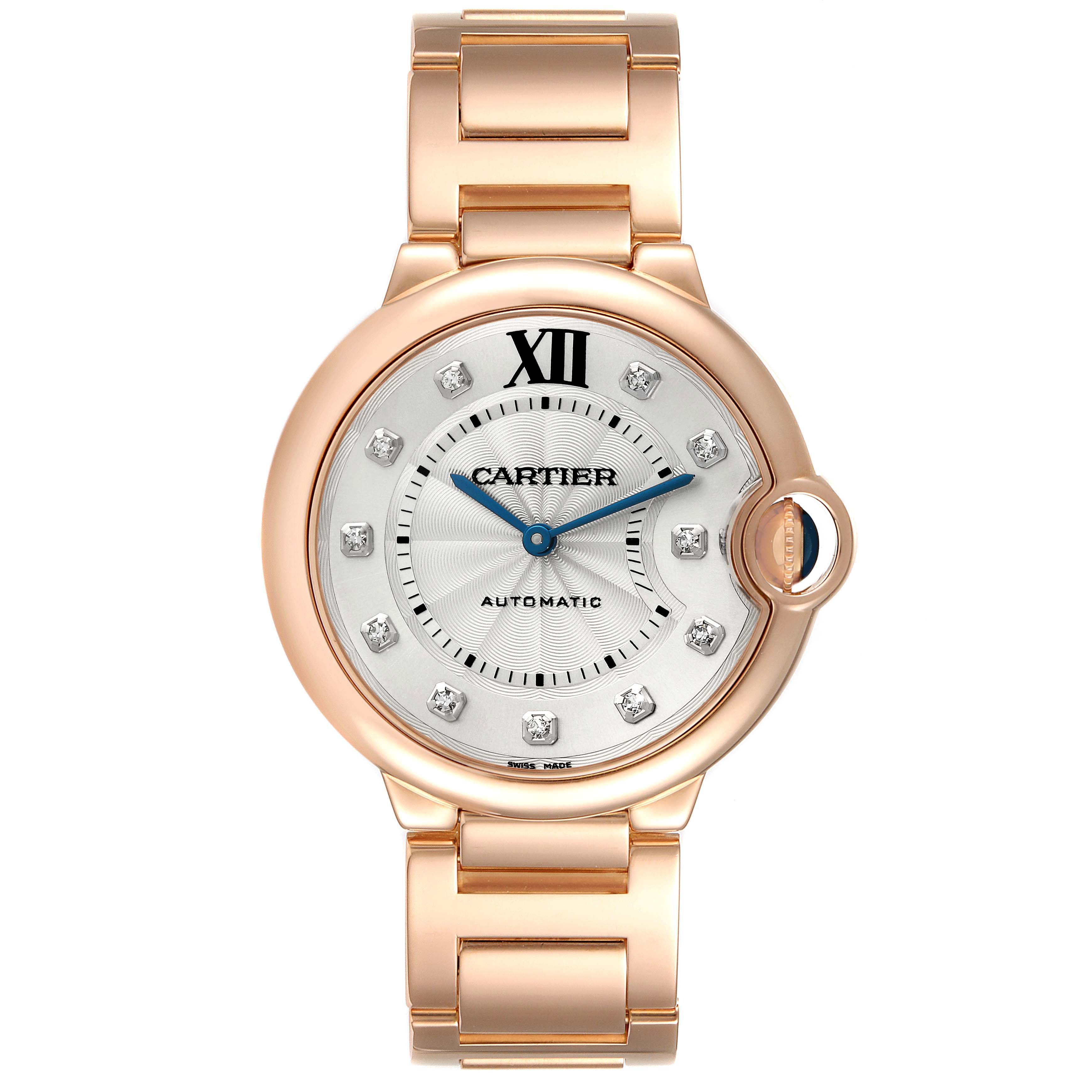 This image shows a front view of a Cartier Ballon Bleu WE902026 Women's Rose Gold Silver Dial WE902026 Women's Rose Gold Silver Dial watch, highlighting its rose gold casing, bracelet, and diamond hour markers.