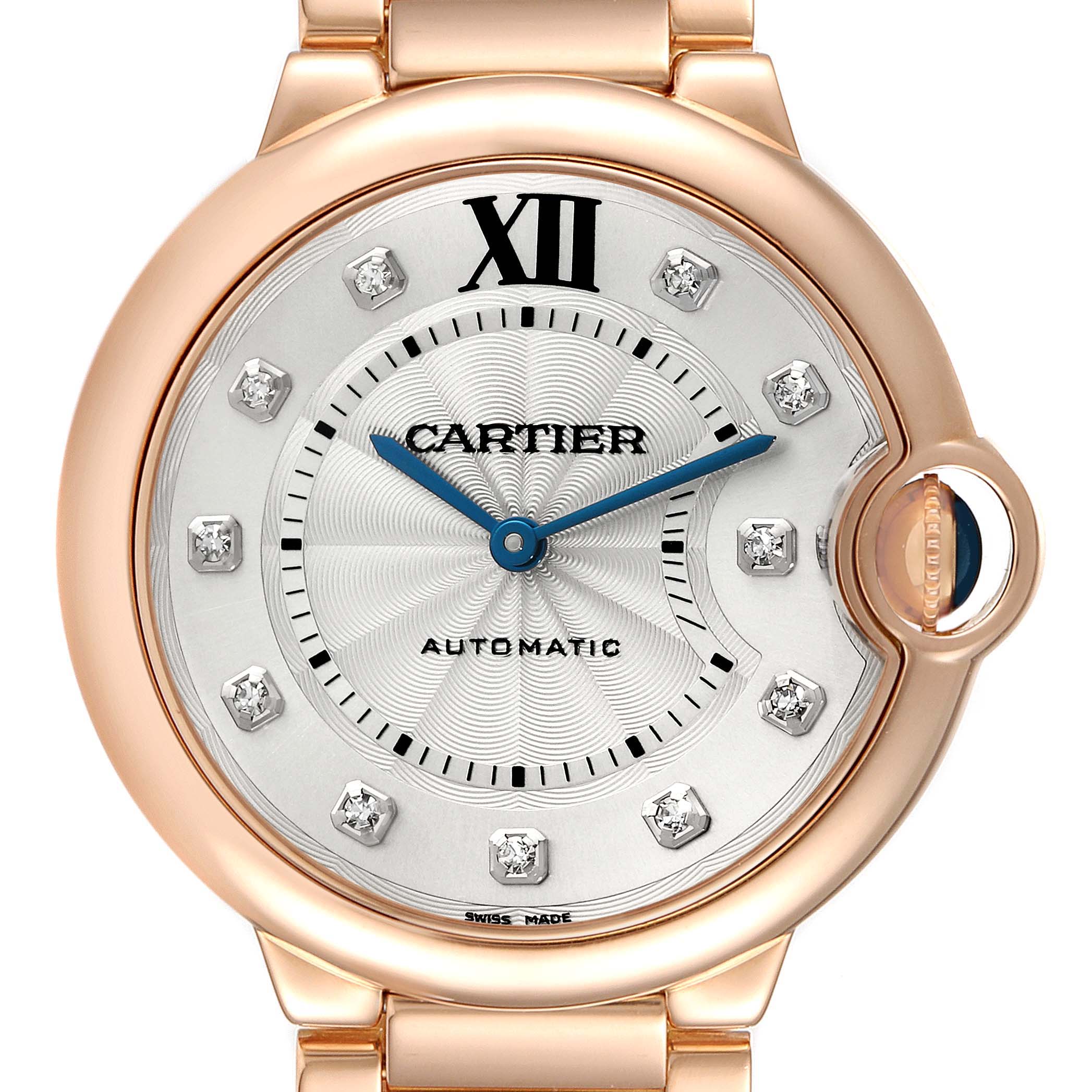 This close-up image shows the dial and bezel of the Cartier Ballon Bleu WE902026 Women's Rose Gold Silver Dial WE902026 Women's Rose Gold Silver Dial watch, highlighting the Roman numeral, hands, and crown.
