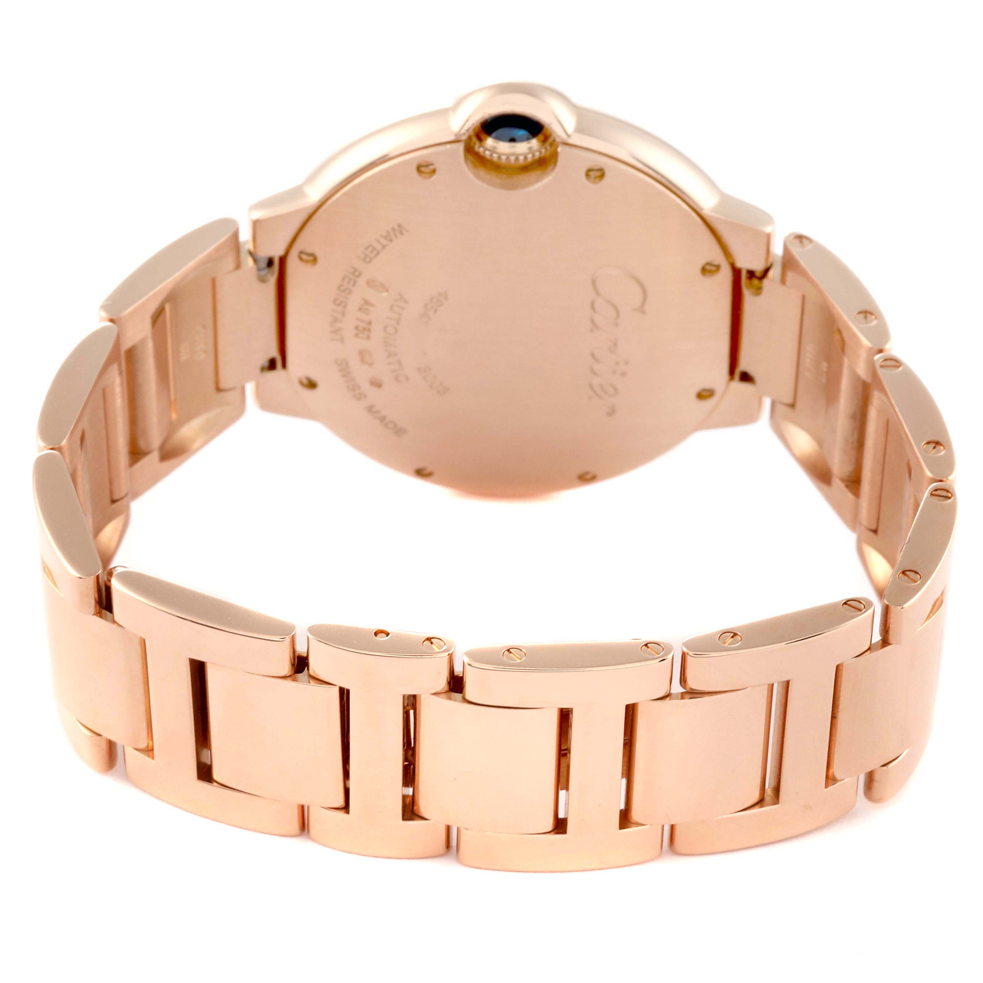 The image shows the back and bracelet of a Cartier Ballon Bleu WE902026 Women's Rose Gold Silver Dial WE902026 Women's Rose Gold Silver Dial watch from a rear angle.