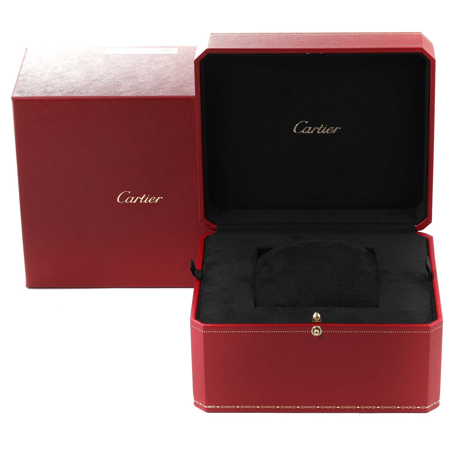 The image shows the opened packaging box of a Cartier Ballon Bleu WE902026 Women's Rose Gold Silver Dial WE902026 Women's Rose Gold Silver Dial watch, highlighting its luxurious red and black design.