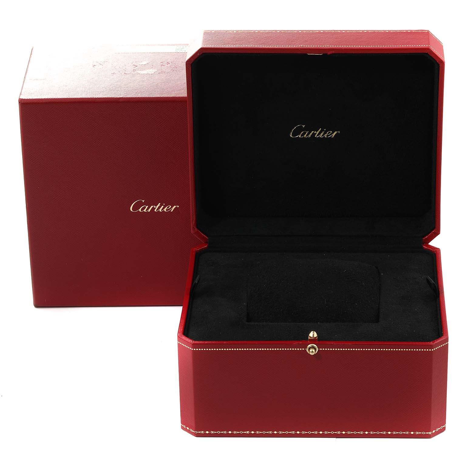 The image shows an open red Cartier watch box for the Ballon Bleu model, revealing its black interior and cushion.