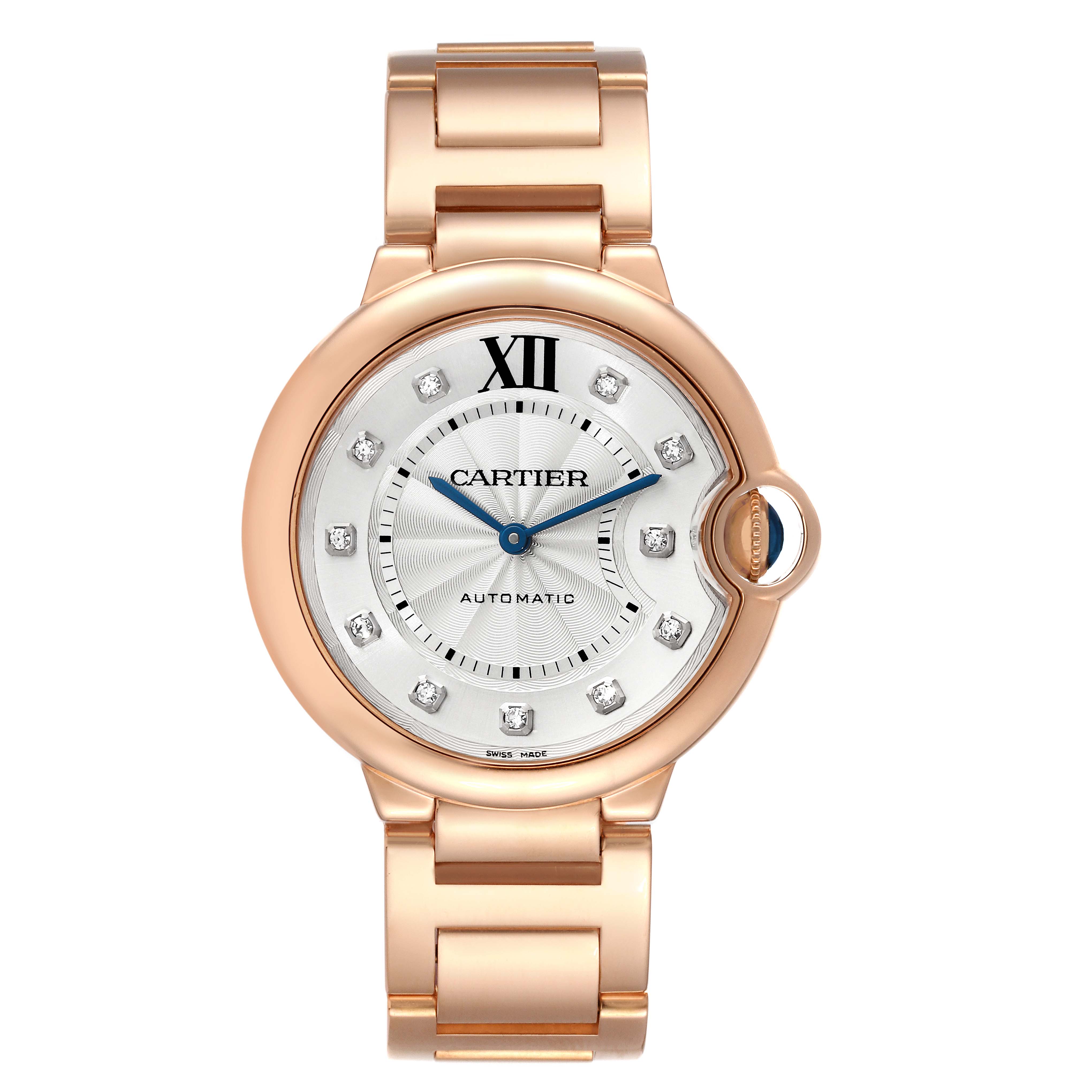 Front view of a Cartier Ballon Bleu WE902026 Women's Rose Gold Silver Dial WE902026 Women's Rose Gold Silver Dial watch, showing the face, bracelet, and detailed crown.