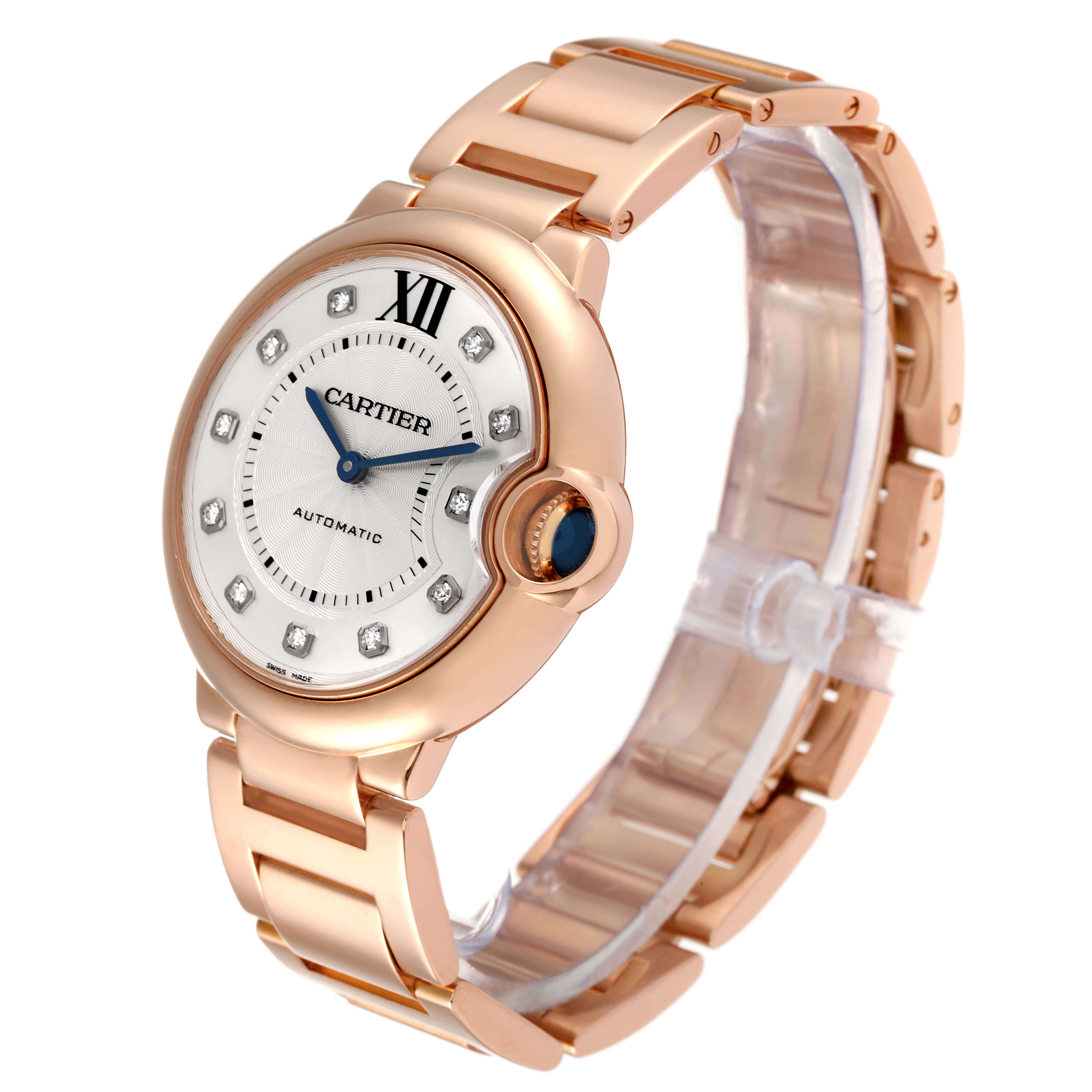 The image shows a Cartier Ballon Bleu WE902026 Women's Rose Gold Silver Dial WE902026 Women's Rose Gold Silver Dial watch at a three-quarter angle, showcasing its face, bracelet, and crown.