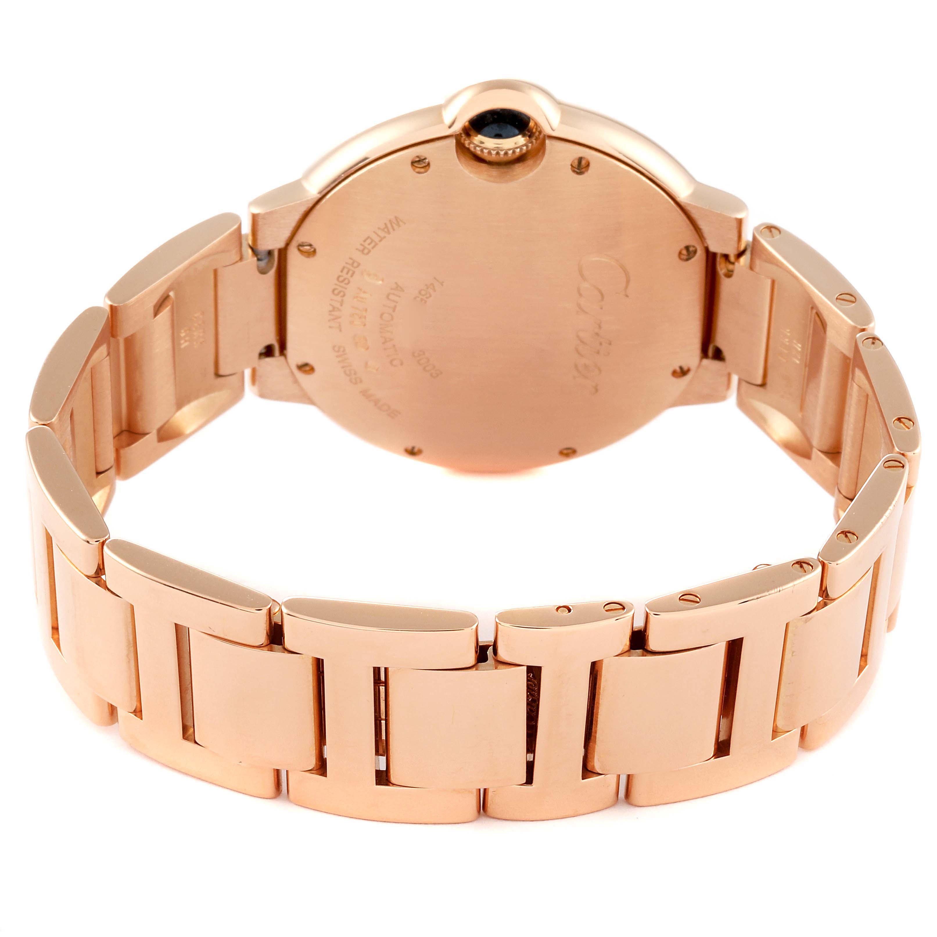 This image shows the back and bracelet of a Cartier Ballon Bleu WE902026 Women's Rose Gold Silver Dial WE902026 Women's Rose Gold Silver Dial watch from a rear angle.