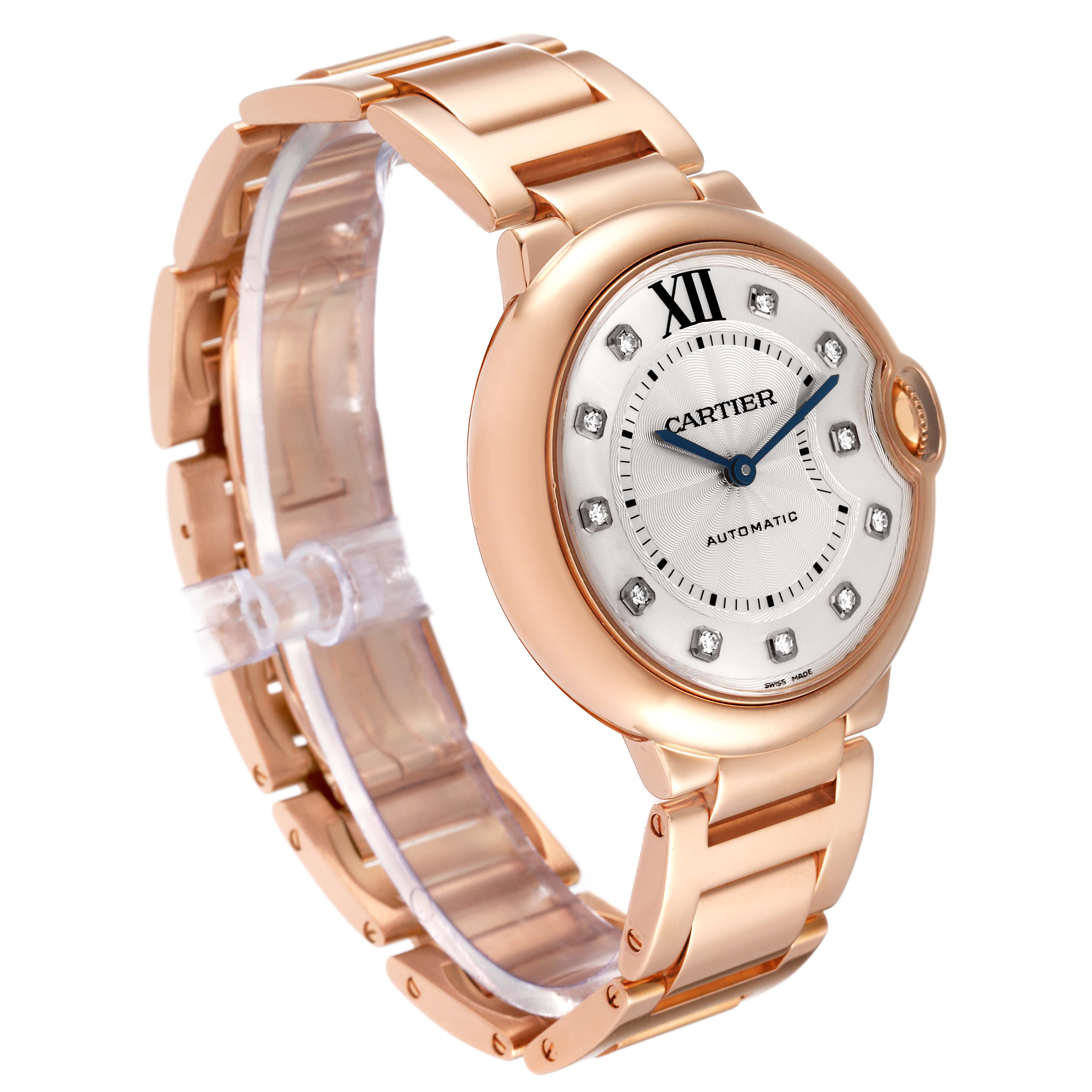 The image shows a side view of a rose gold Cartier Ballon Bleu WE902026 Women's Rose Gold Silver Dial WE902026 Women's Rose Gold Silver Dial watch, highlighting the bracelet and diamond-studded dial.