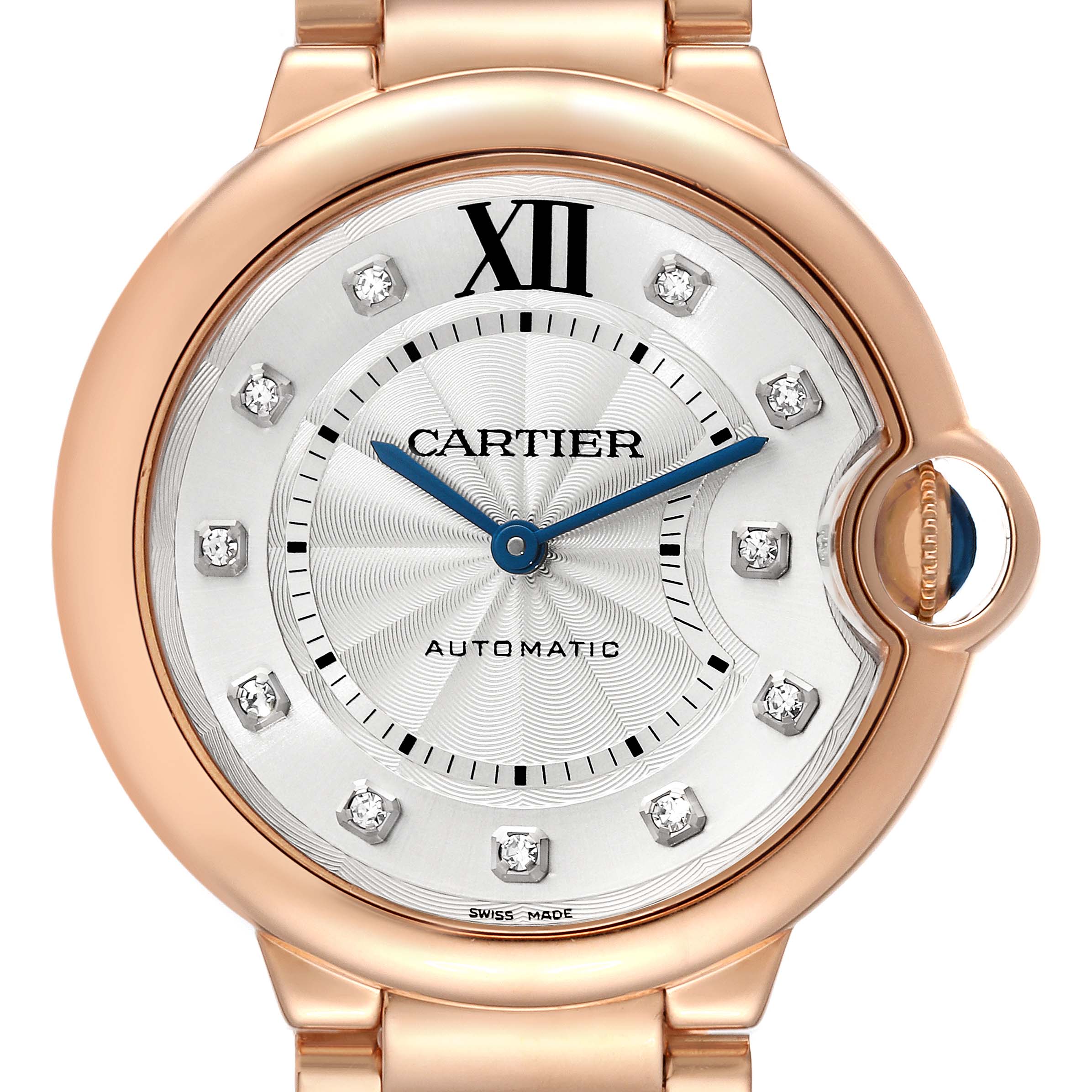 This is a close-up view of the Cartier Ballon Bleu WE902026 Women's Rose Gold Silver Dial WE902026 Women's Rose Gold Silver Dial model watch, showing its face, crown, and part of the bracelet.