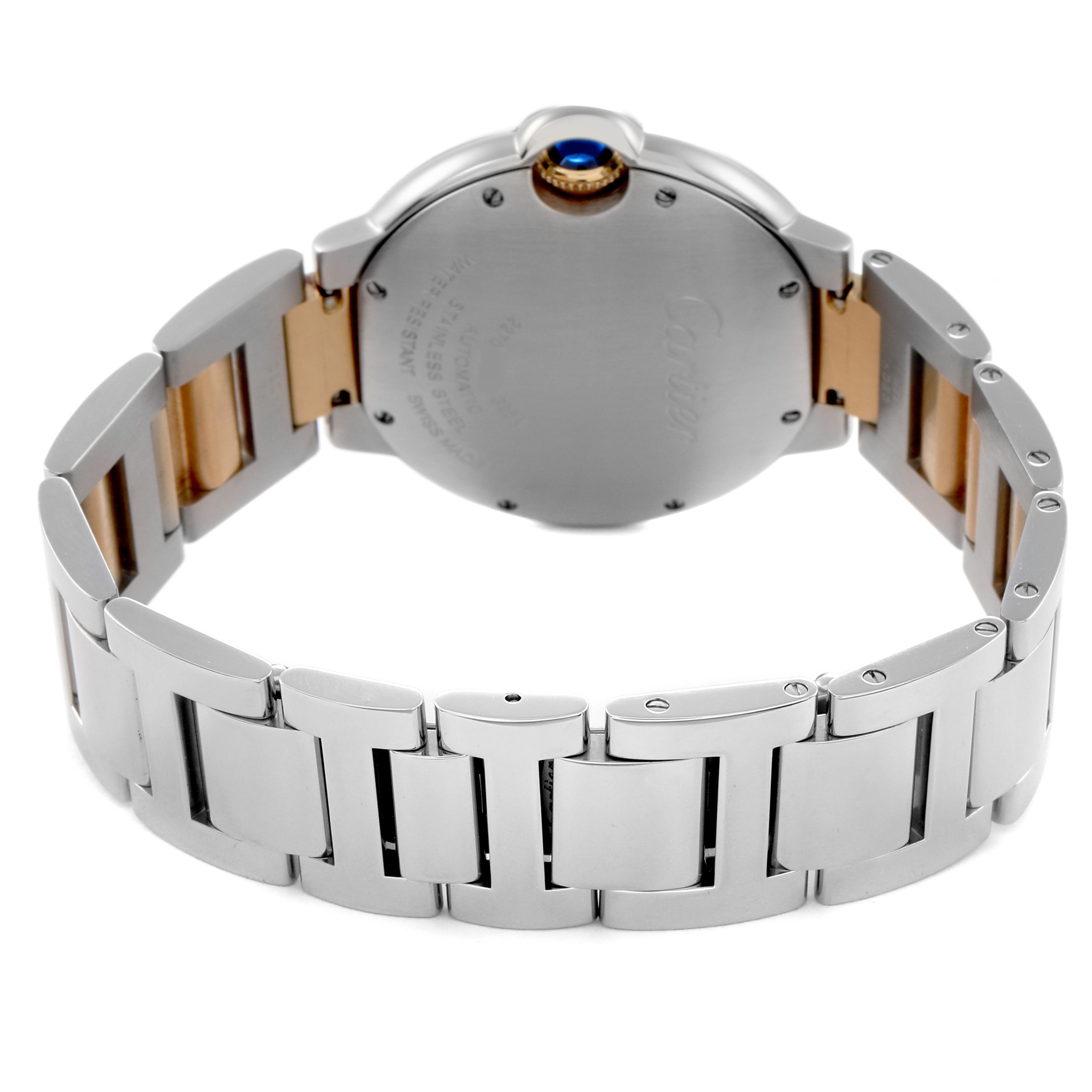 The image shows the back view of a Cartier Ballon Bleu W2BB0012 Women
s Steel and Gold (two tone) Silver Dial W2BB0012 Women
s Steel and Gold (two tone) Silver Dial watch, highlighting the bracelet and case back.