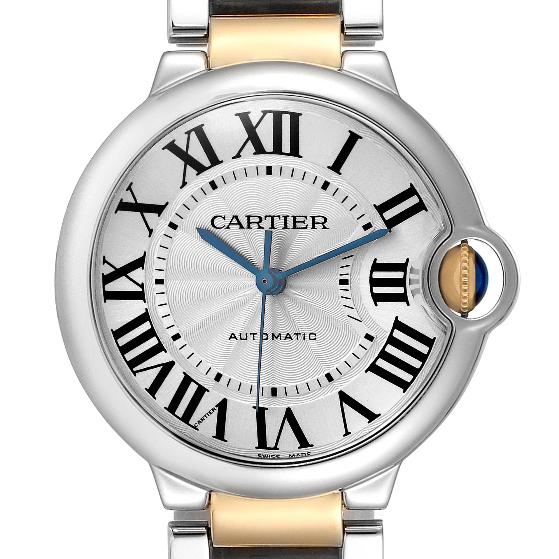 The Cartier Ballon Bleu W2BB0012 Women
s Steel and Gold (two tone) Silver Dial W2BB0012 Women
s Steel and Gold (two tone) Silver Dial watch is shown from the front, featuring Roman numerals, blue hands, and the distinctive crown.