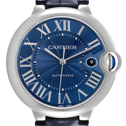 The image shows a close-up, frontal view of the Cartier Ballon Bleu WSBB0025 Men's Stainless Steel Blue Dial watch, highlighting the blue dial, Roman numerals, and crown.