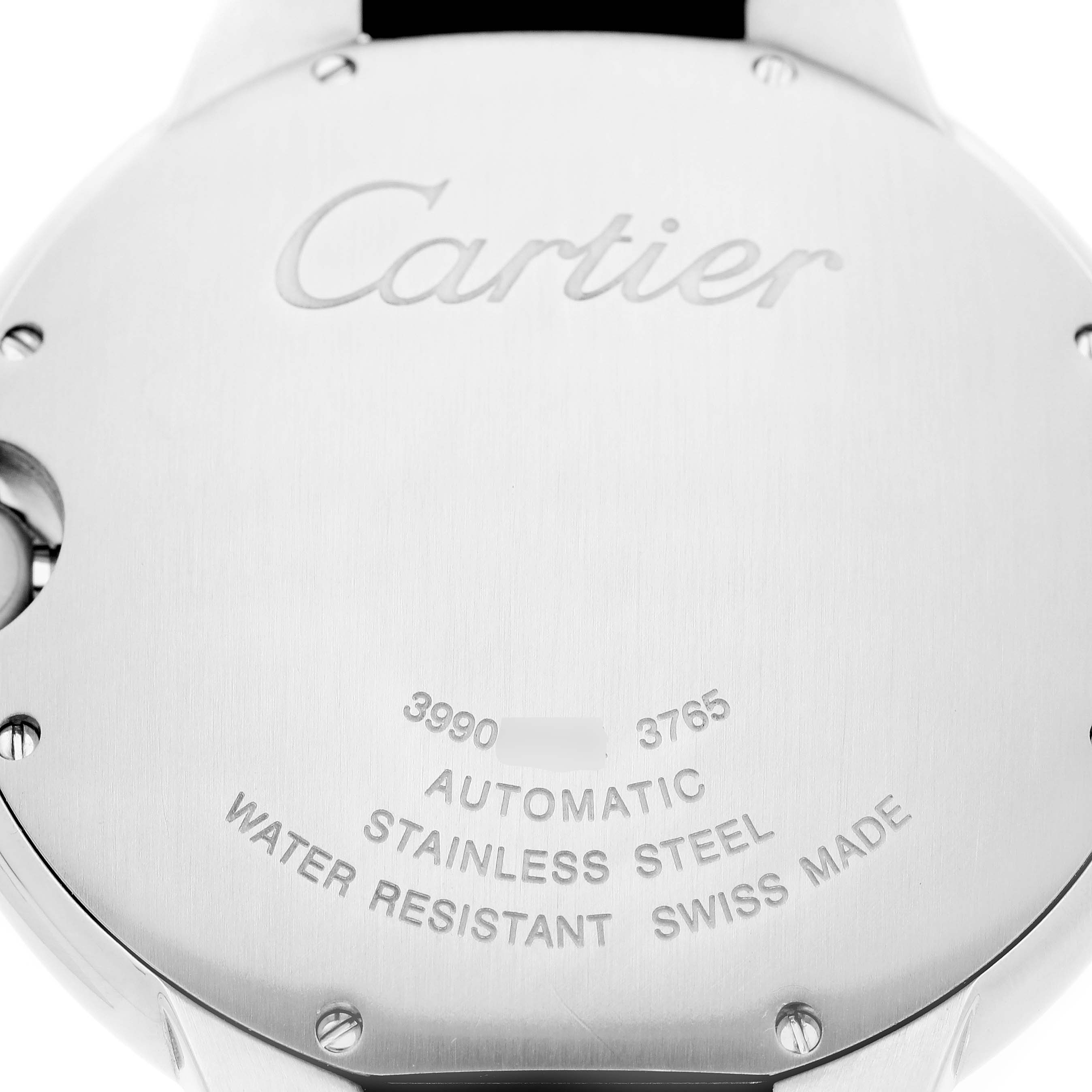 The image shows the back case of a Cartier Ballon Bleu WSBB0025 Men's Stainless Steel Blue Dial watch, featuring engraved branding and specifications.