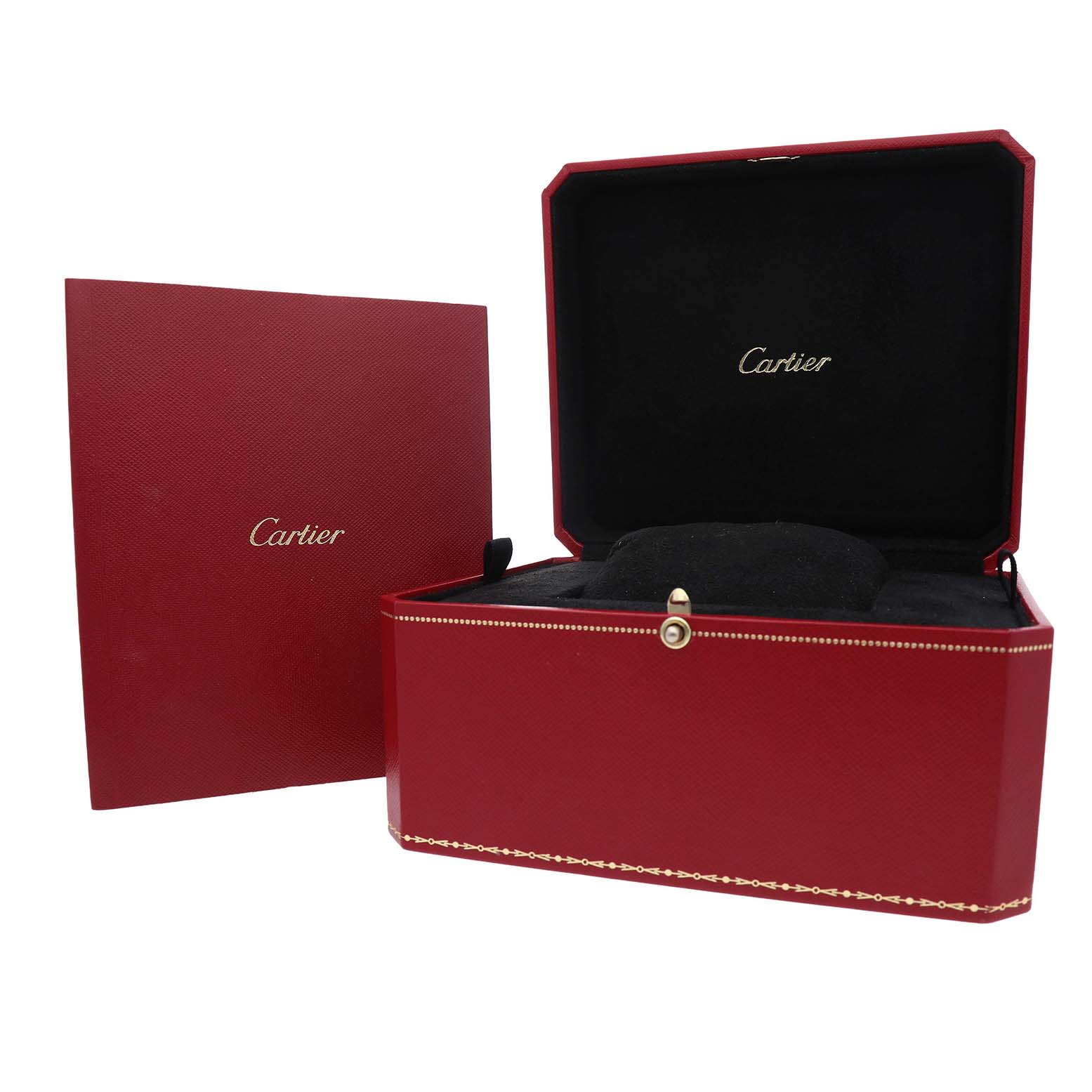 This image shows the open red box and packaging for the Ballon Bleu model by Cartier.