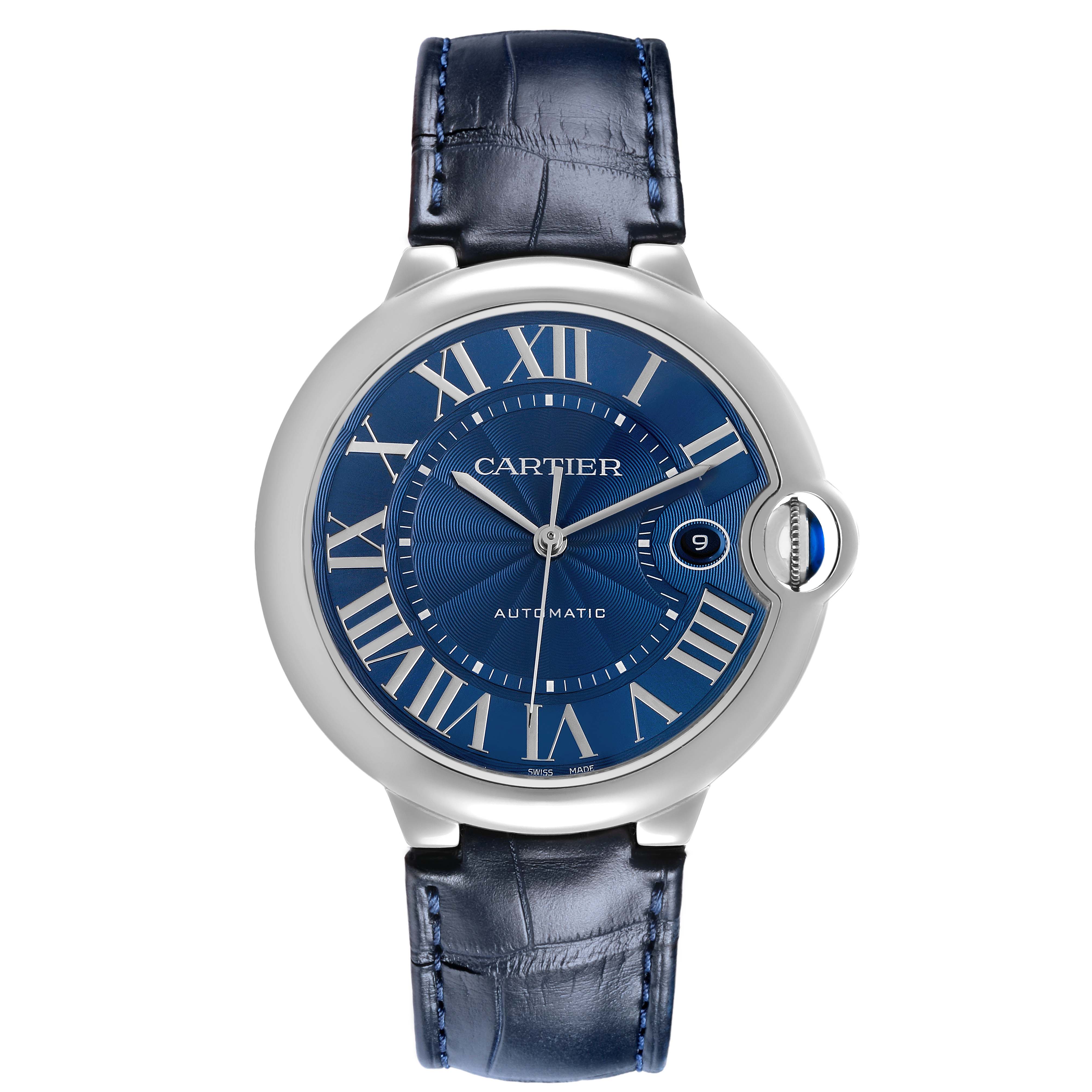 The Cartier Ballon Bleu WSBB0025 Men's Stainless Steel Blue Dial watch is shown from the front, highlighting the dial, case, and strap.