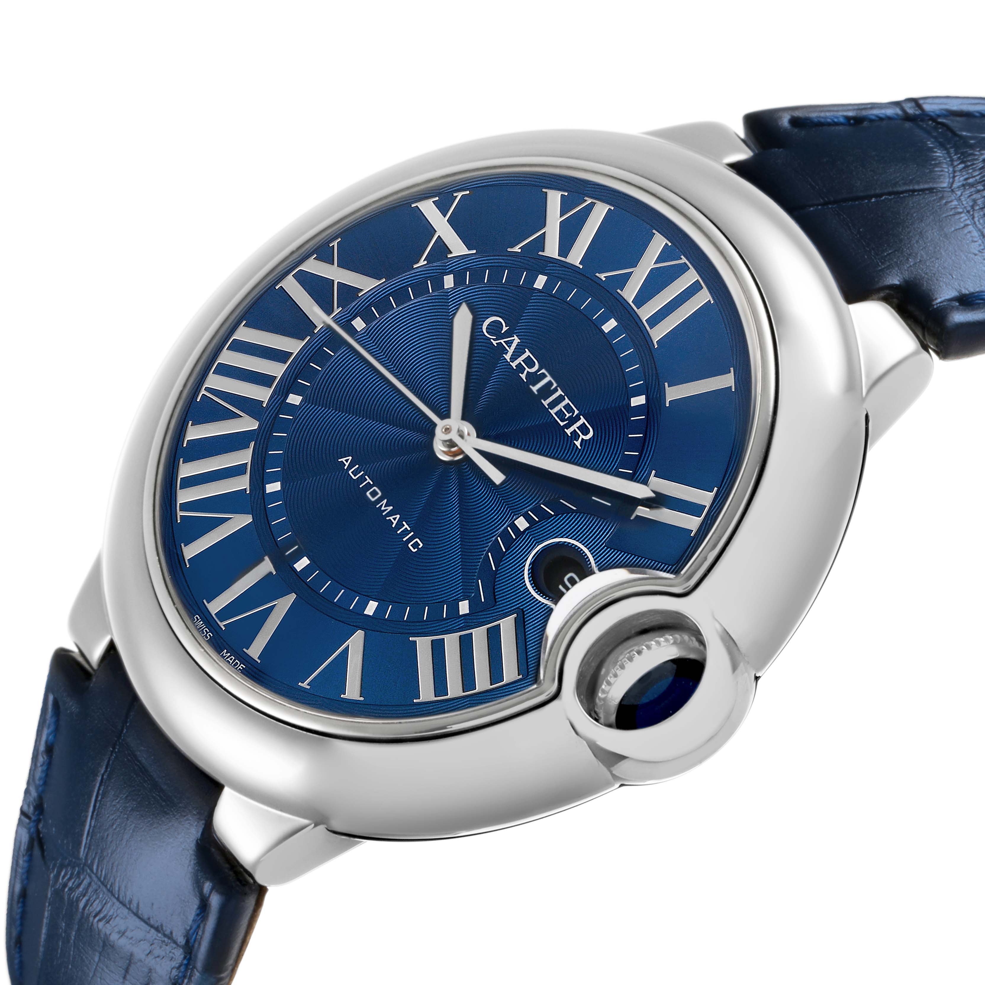 The Cartier Ballon Bleu WSBB0025 Men's Stainless Steel Blue Dial watch is shown at an angled view, highlighting the blue dial, Roman numerals, and prominent crown.