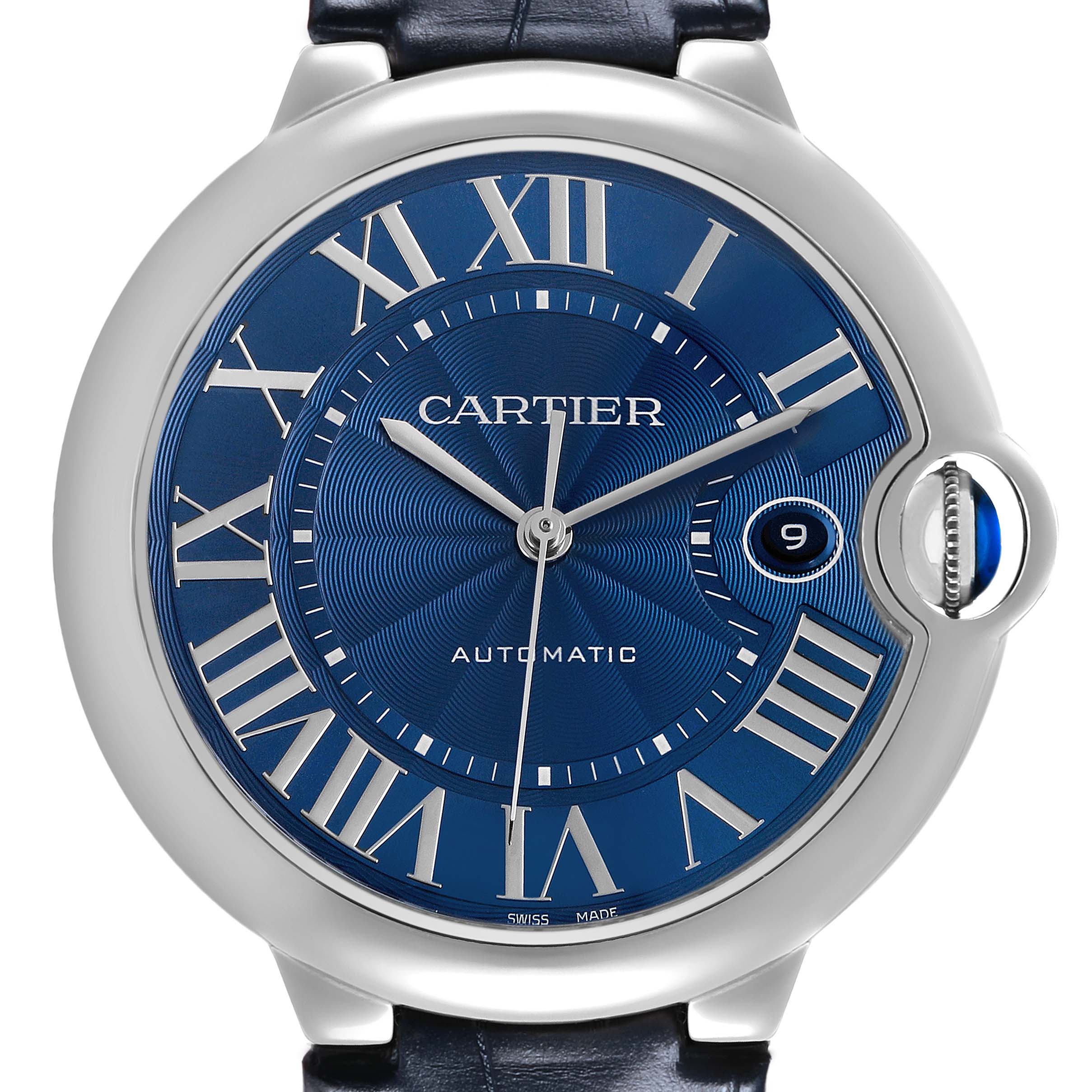 The Cartier Ballon Bleu WSBB0025 Men's Stainless Steel Blue Dial watch is shown from a top-down angle, highlighting its blue dial, Roman numerals, and signature crown.