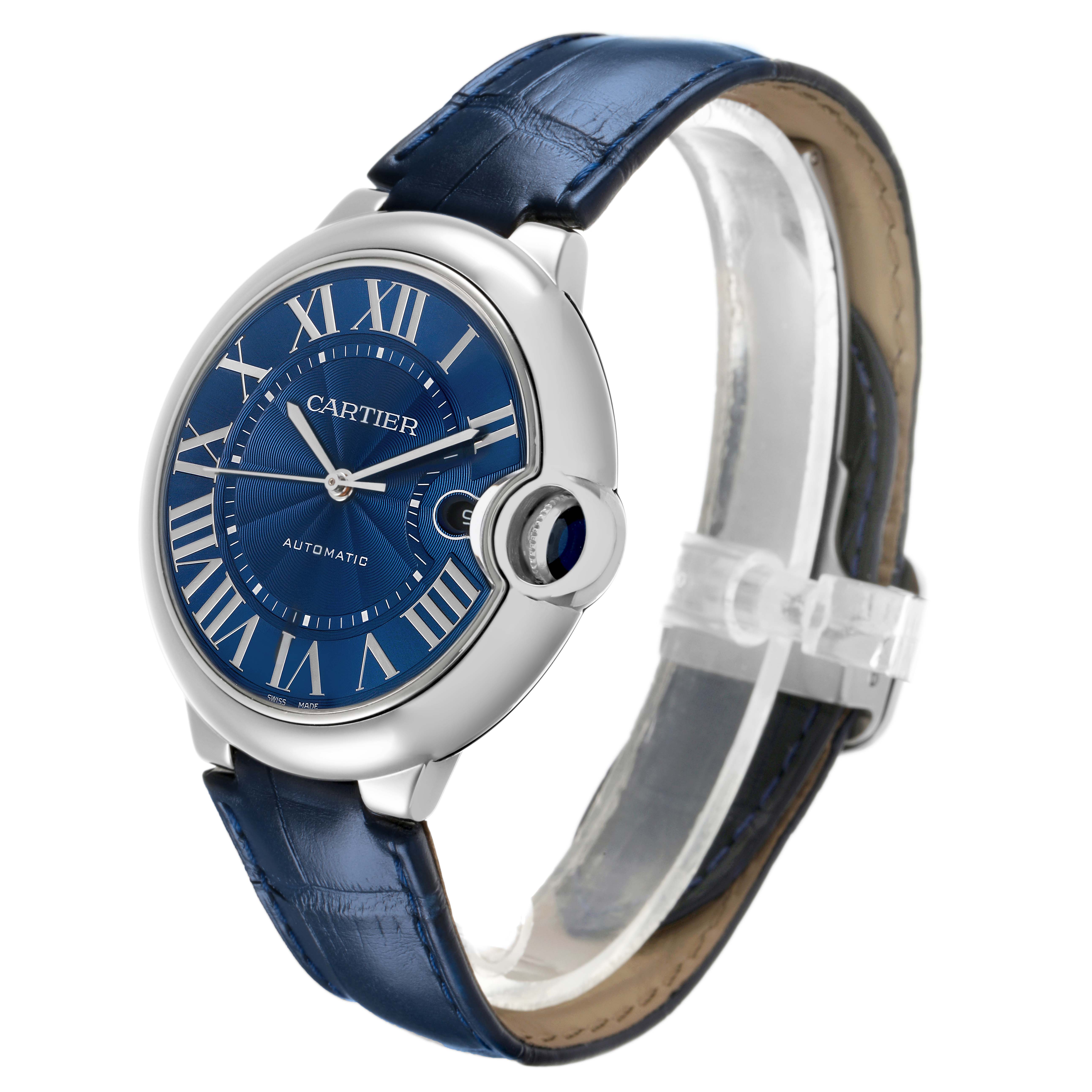 The Ballon Bleu by Cartier is shown at a three-quarter angle, highlighting the blue dial, Roman numerals, and blue leather strap.