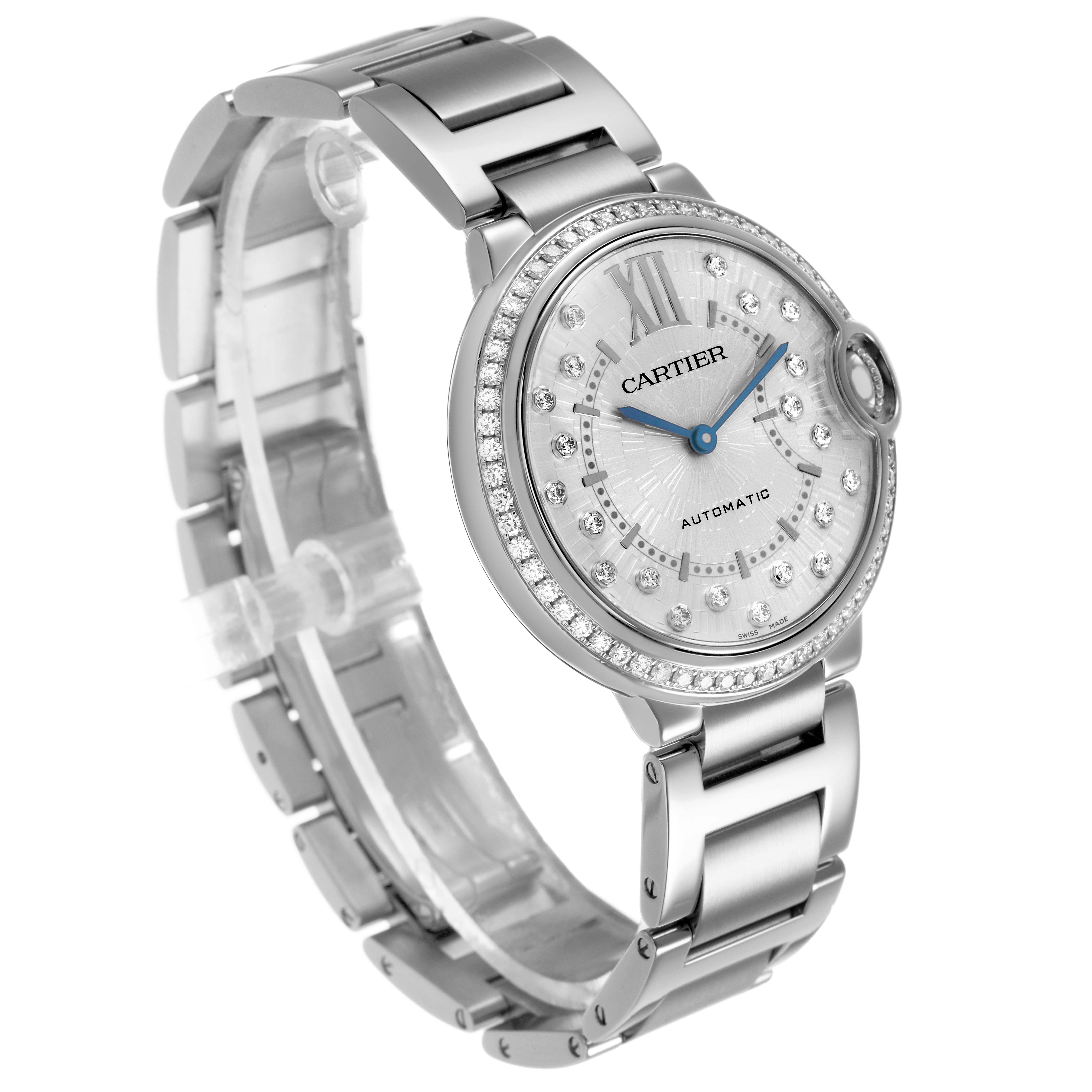 The Cartier Ballon Bleu W4BB0036 Women's Stainless Steel Silver Dial watch is shown at a three-quarter angle, revealing the face, bracelet, and diamond accents.