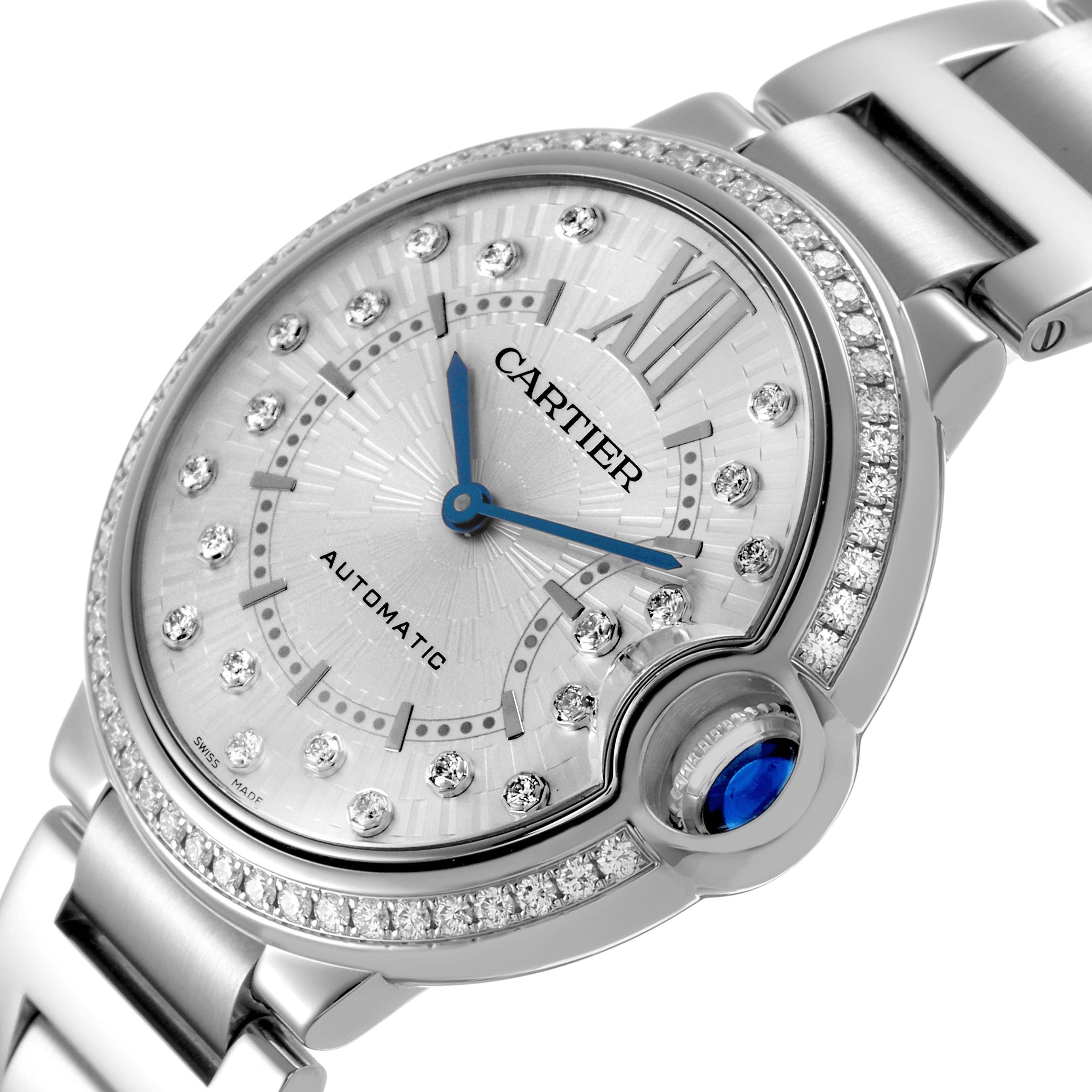 The Cartier Ballon Bleu W4BB0036 Women's Stainless Steel Silver Dial watch is shown at a slight angle, highlighting the diamond-studded bezel, silver dial, and blue sapphire cabochon crown.
