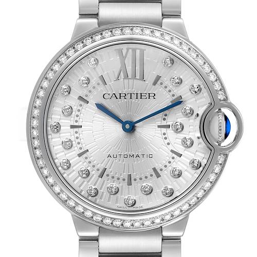 The Cartier Ballon Bleu W4BB0036 Women's Stainless Steel Silver Dial watch is shown from a front angle, highlighting the dial, crown with blue cabochon, and diamond-set bezel.